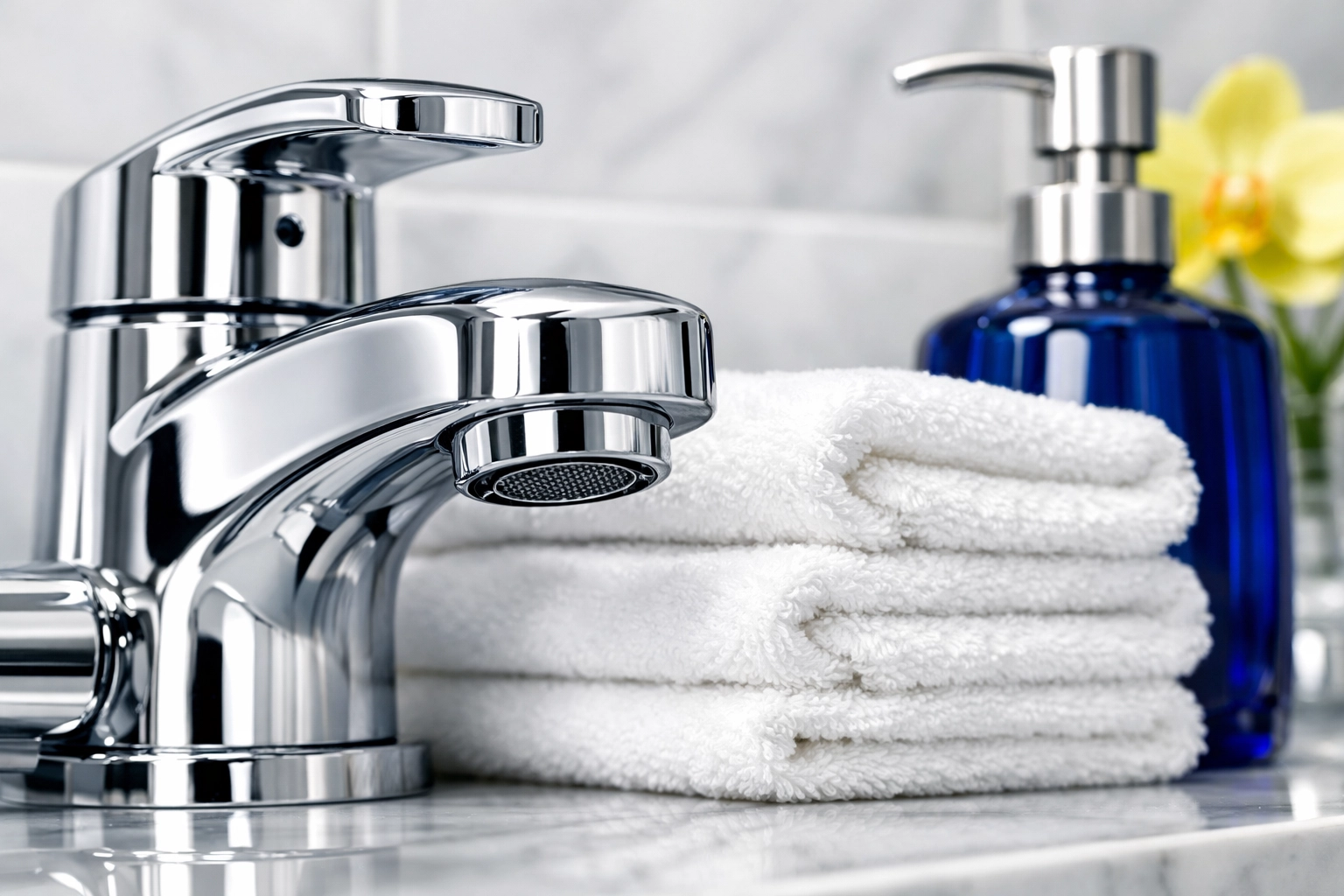 Detailed view of a polished chrome bathroom fixture reflecting a deep-clean Boston apartment turnover service.
