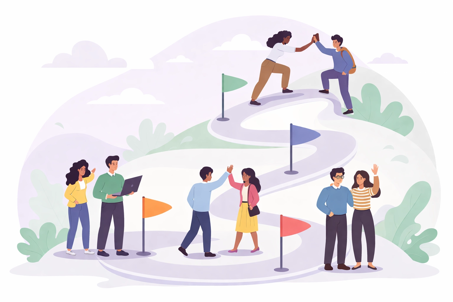 Diverse team on a pathway with flags, visualizing phased implementation of unified business software for SMBs.