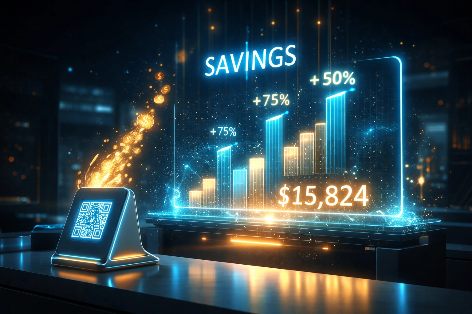 Digital dashboard showing crypto fee savings, QR payment, and coin symbols for Larecoin POS comparison