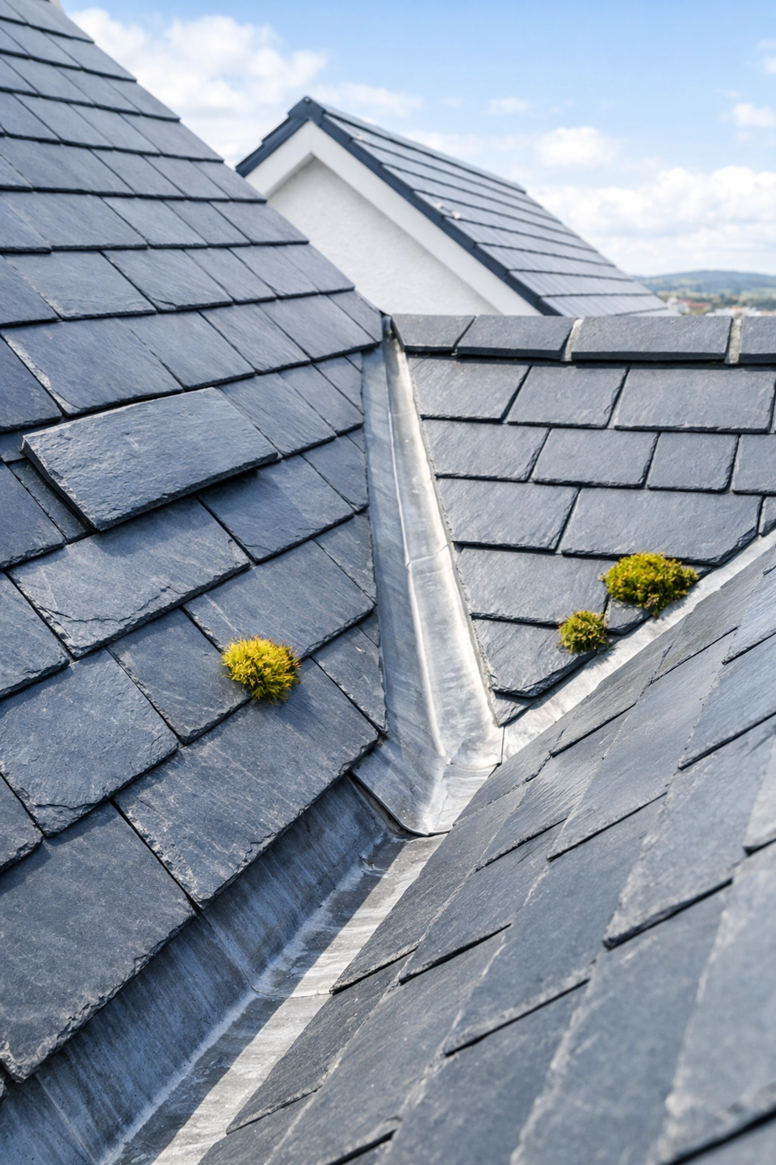 Inspection of a slate roof in Newtownards identifying slipped tiles and moss during a professional roof survey.