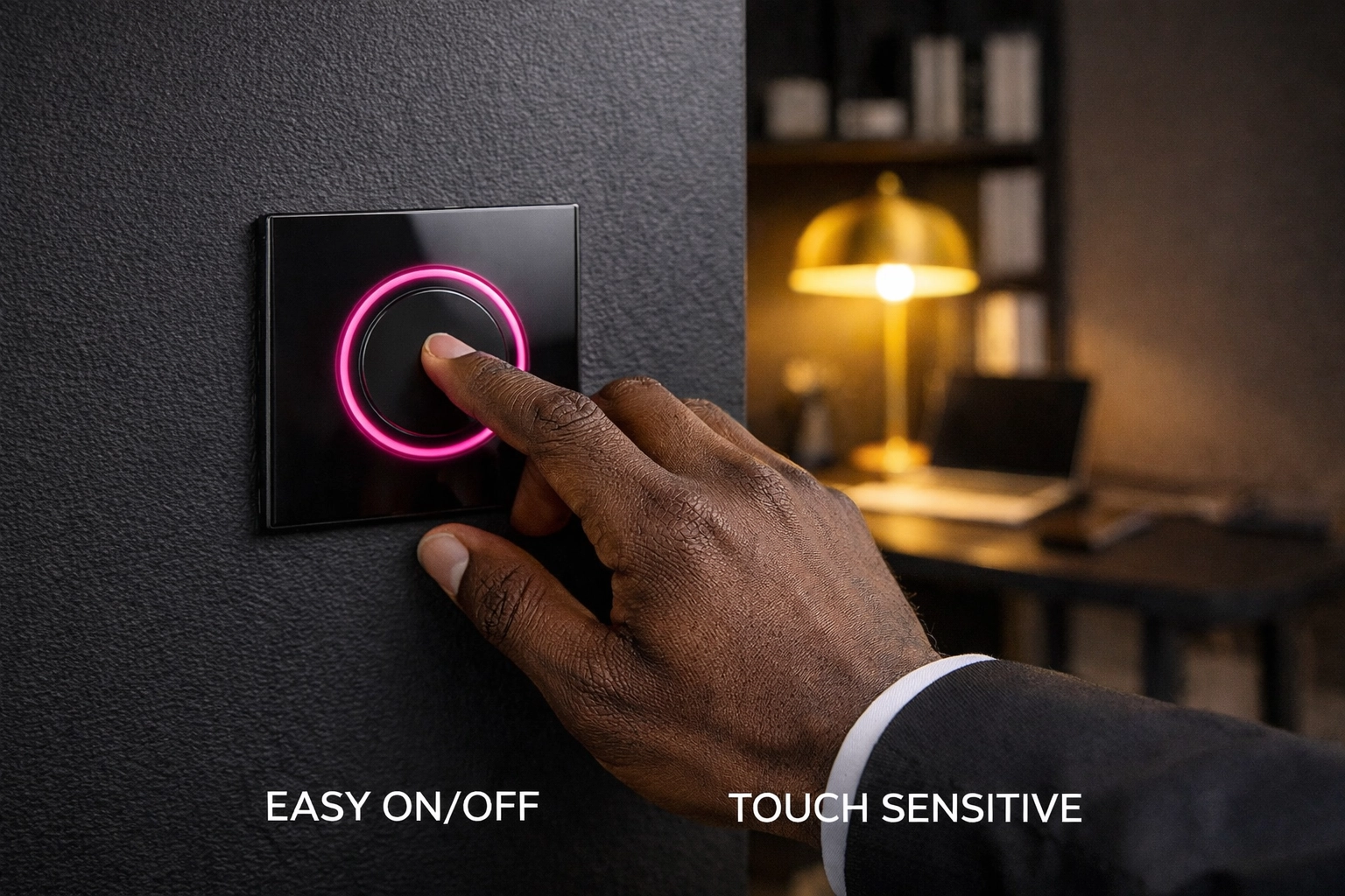 Adjusting a modern touch dimmer switch with magenta lighting in a stylish Gwinnett home office.