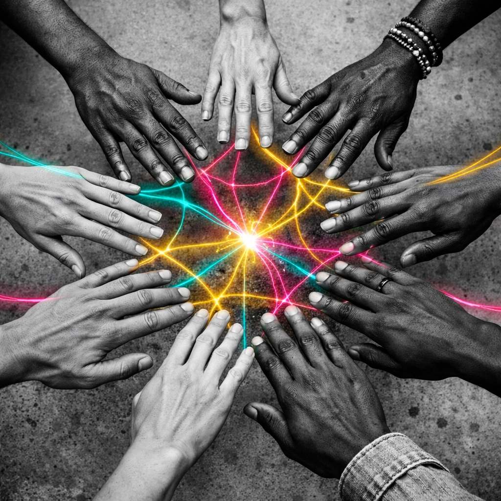Diverse hands connected by energy threads showing universal interconnection