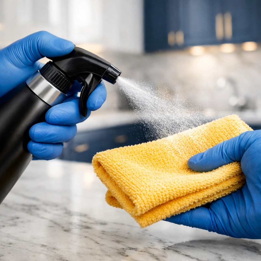 Professional residential cleaning in Lowell technician spraying a microfiber cloth in a luxury kitchen.