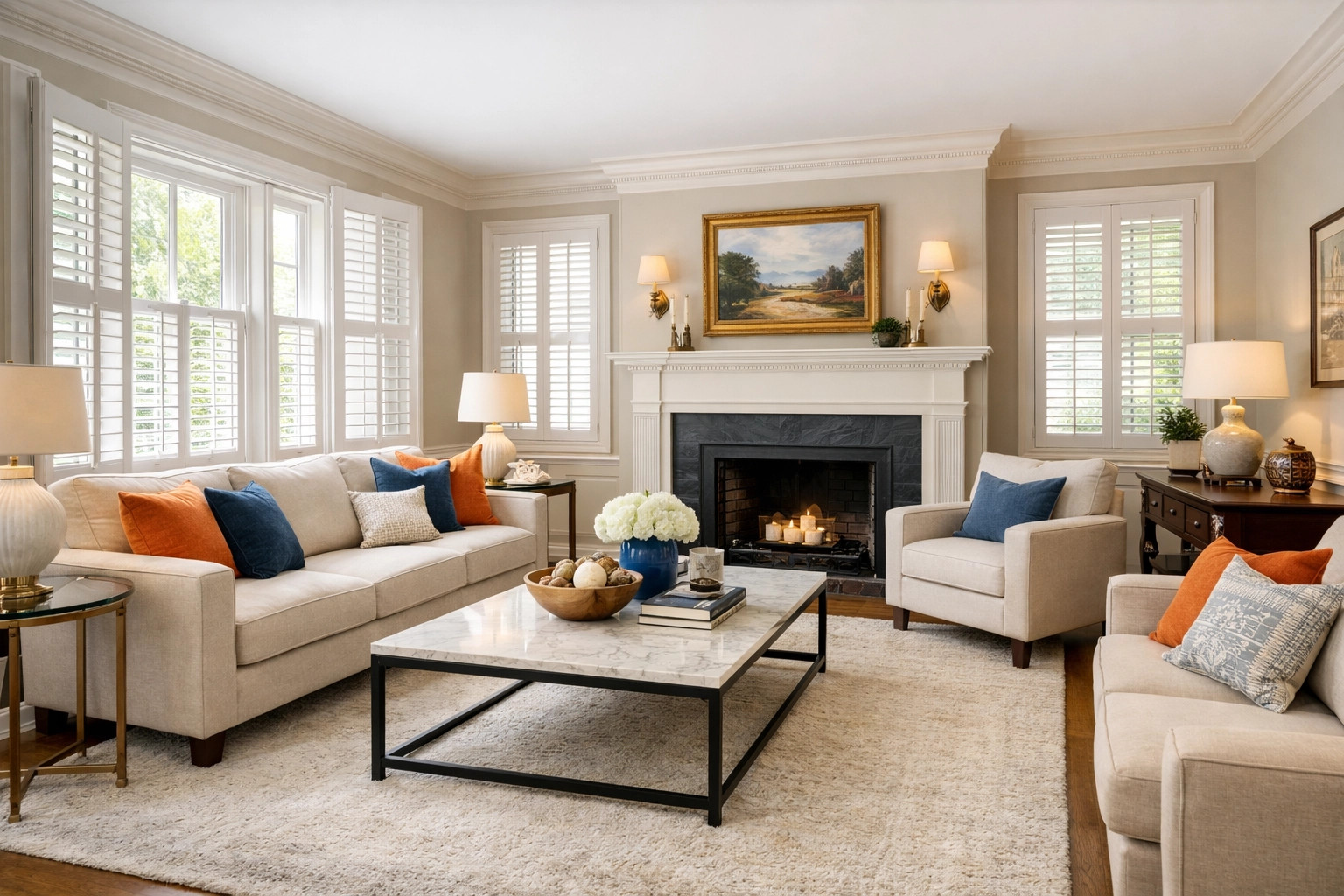 Staged living room in a Philadelphia home, decluttered and ready for buyer showings and open houses. Staged living room in a Philadelphia home, decluttered and ready for buyer showings and open houses.