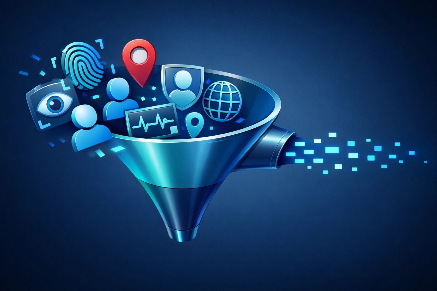 Digital funnel showing high-quality payment data being stripped into simplified signal loss.