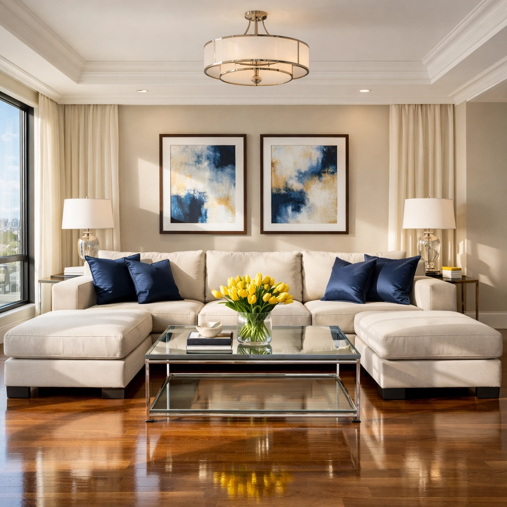 A sparkling clean living room after a deep cleaning and weekly house cleaning service in Lincoln.