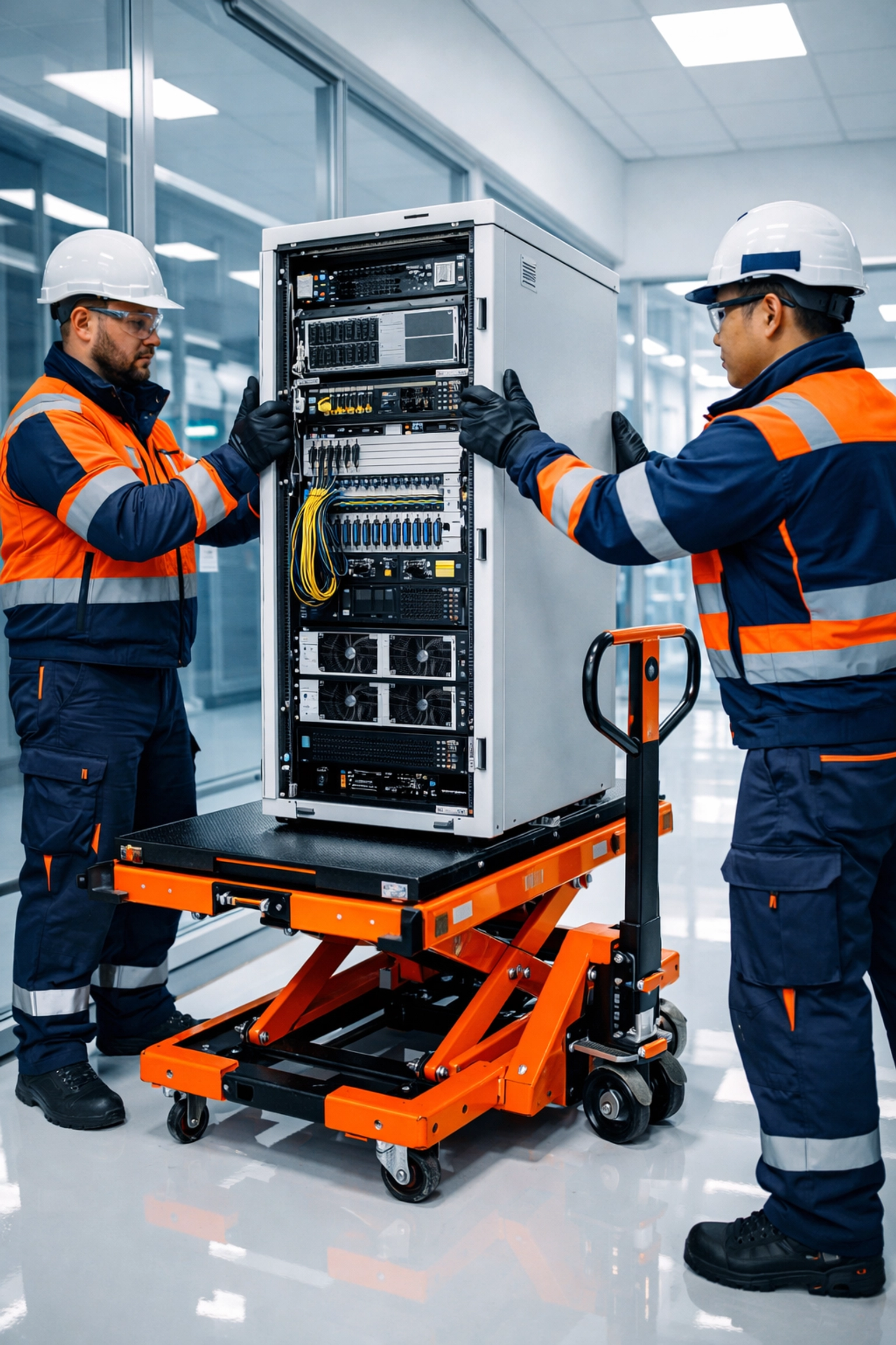 Logistics experts providing white-glove delivery of sensitive telecommunications equipment to a tech facility.