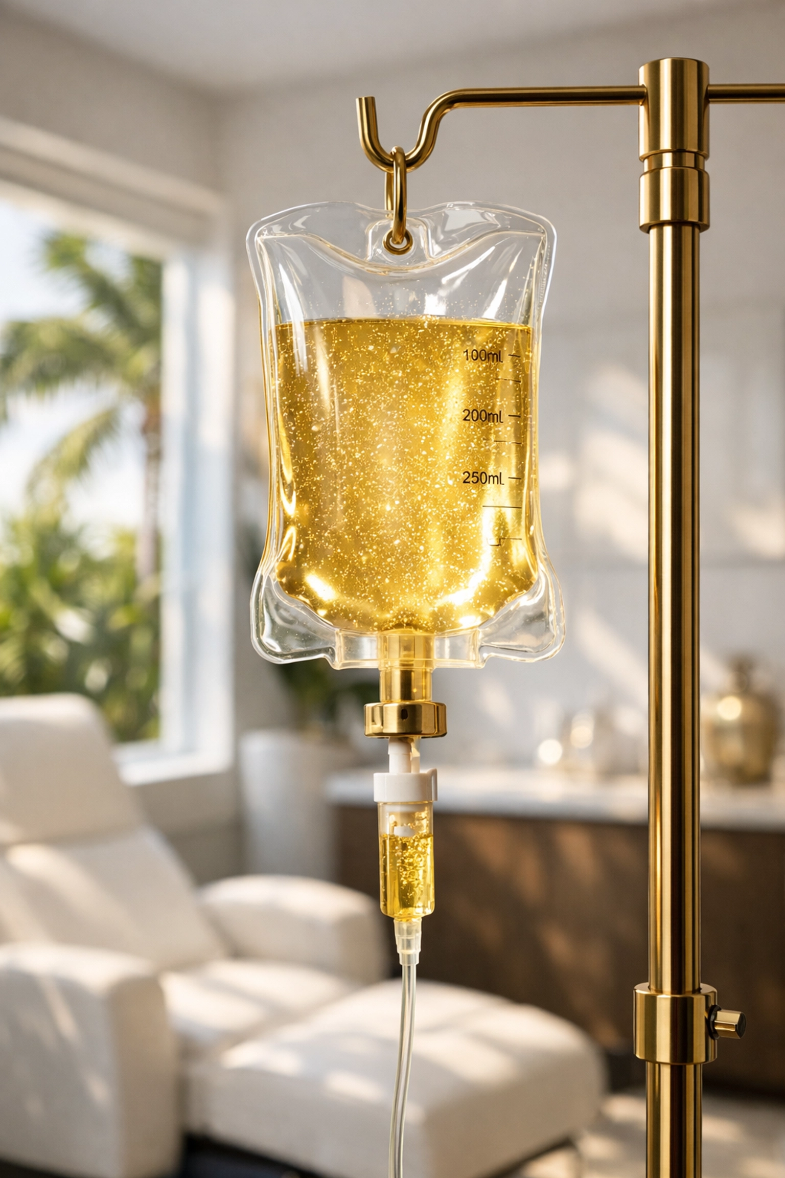 Medical-grade IV therapy bag with golden vitamin solution at a professional Boca Raton wellness center.