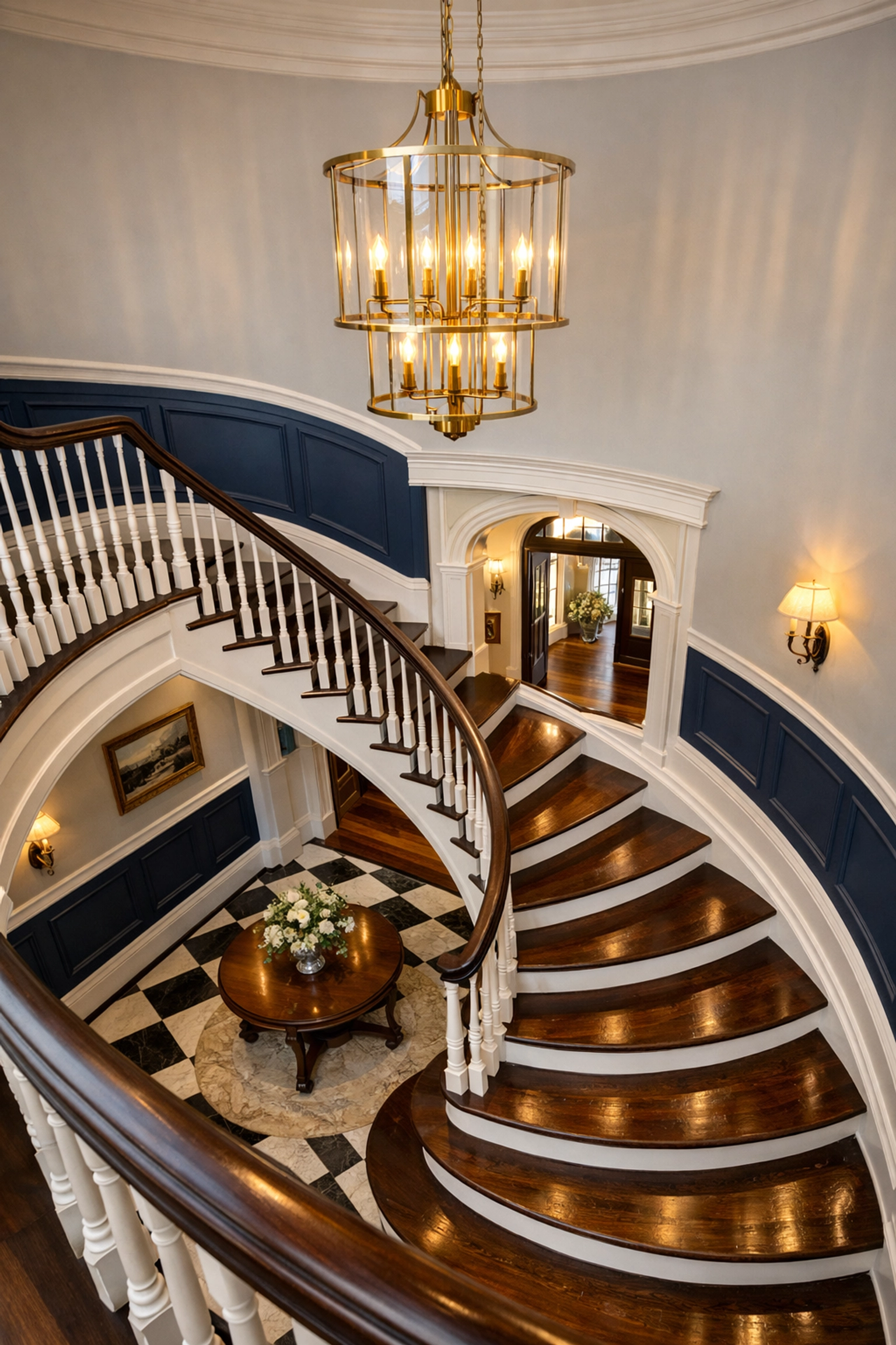 Gleaming wood staircase in a historic Marblehead estate, maintained by the best residential cleaning in Marblehead.