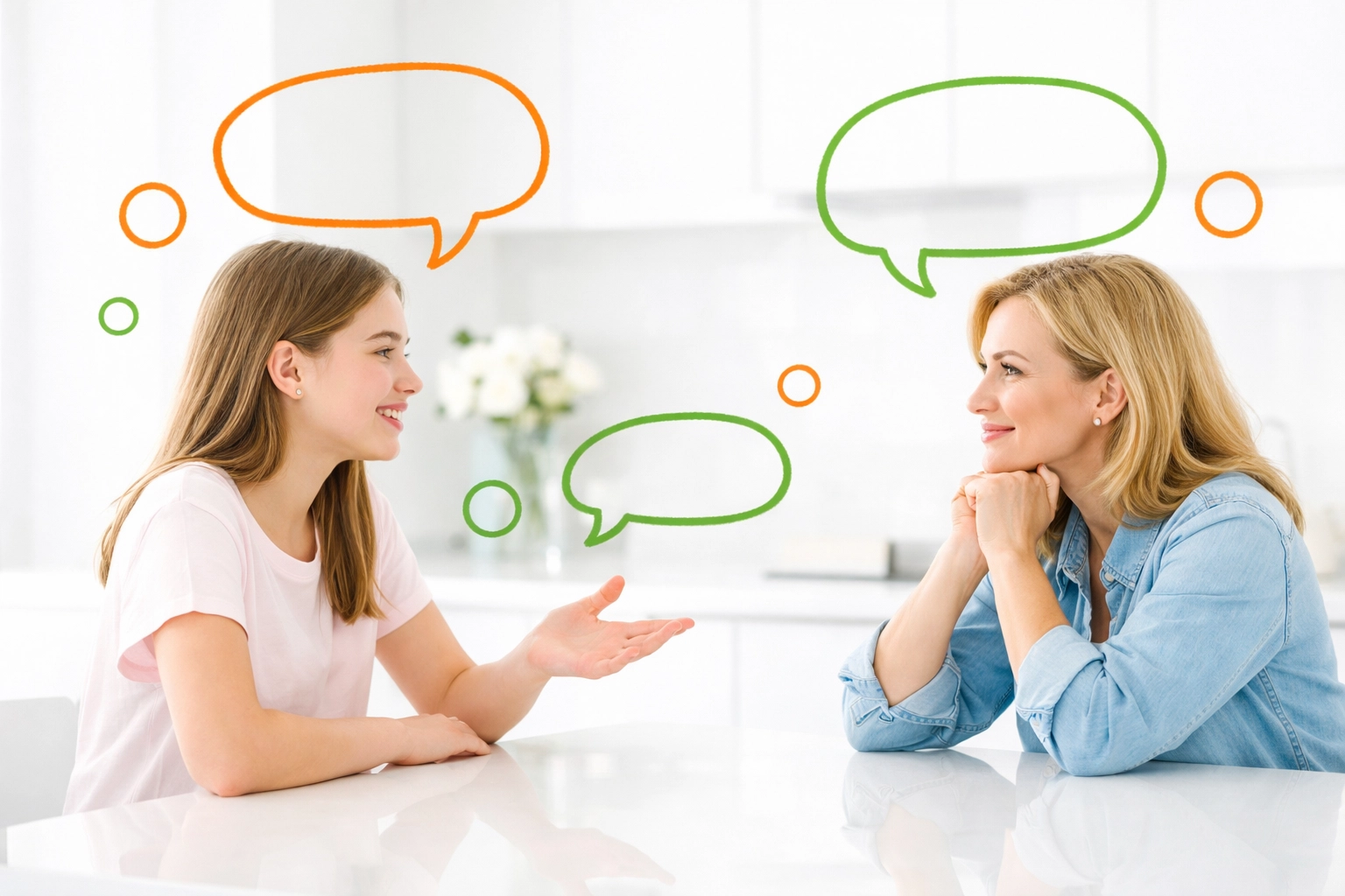A mother and teenage daughter using communication skills for teens to express feelings in a kitchen.