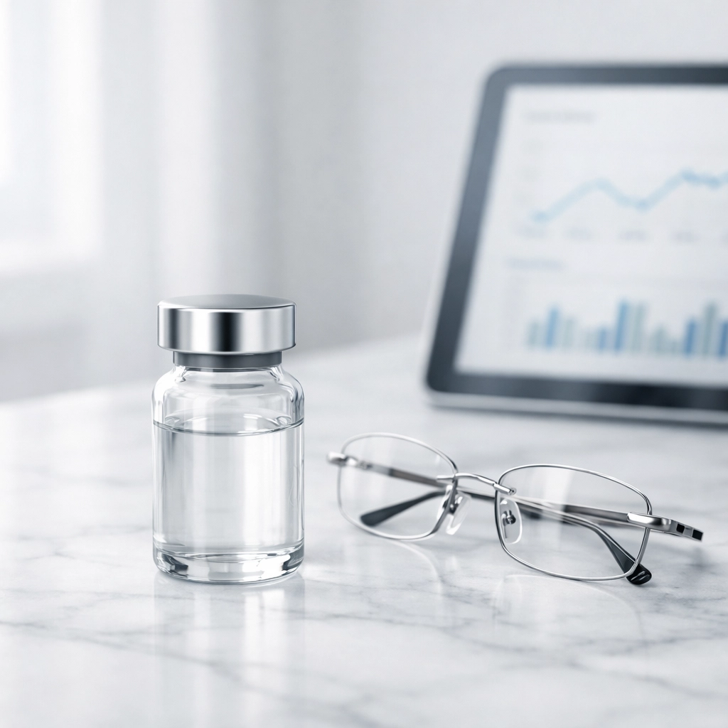 Clinical research vial and metabolic data chart for a professional weight loss peptide protocol.