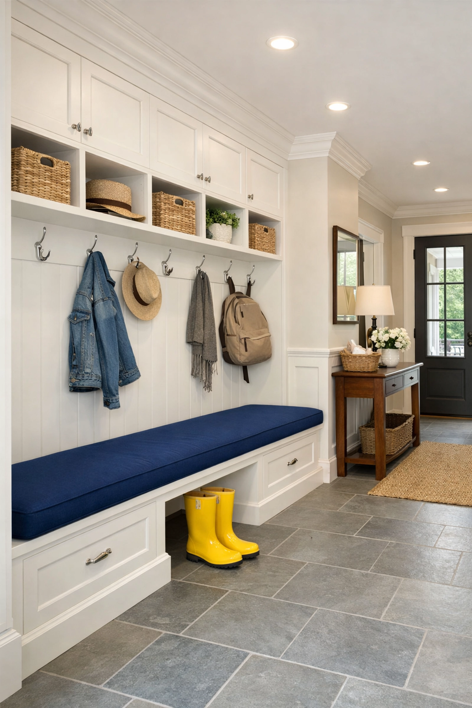 Organized mudroom with clean slate floors maintained by professional cleaners in Leominster MA.