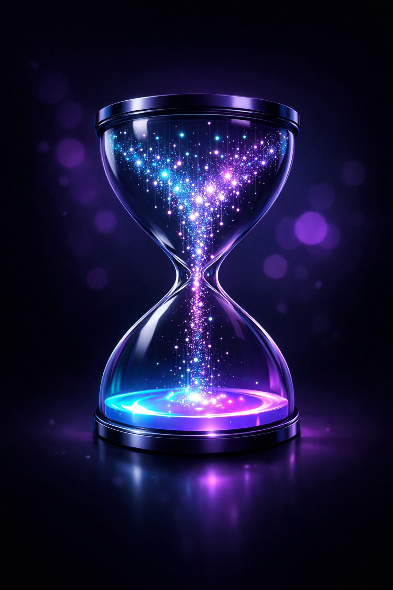 A futuristic hourglass of light particles illustrating how AI automation saves time and reduces administrative burdens.