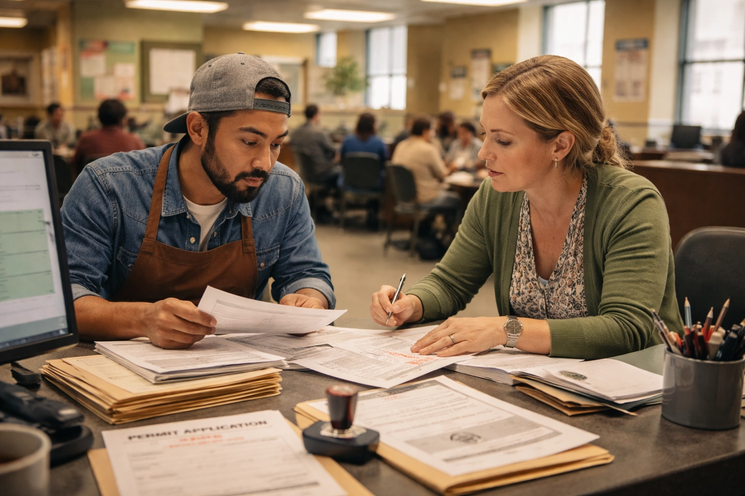Restaurant owner working with city clerk on permits at Bay Area planning office for restaurant compliance