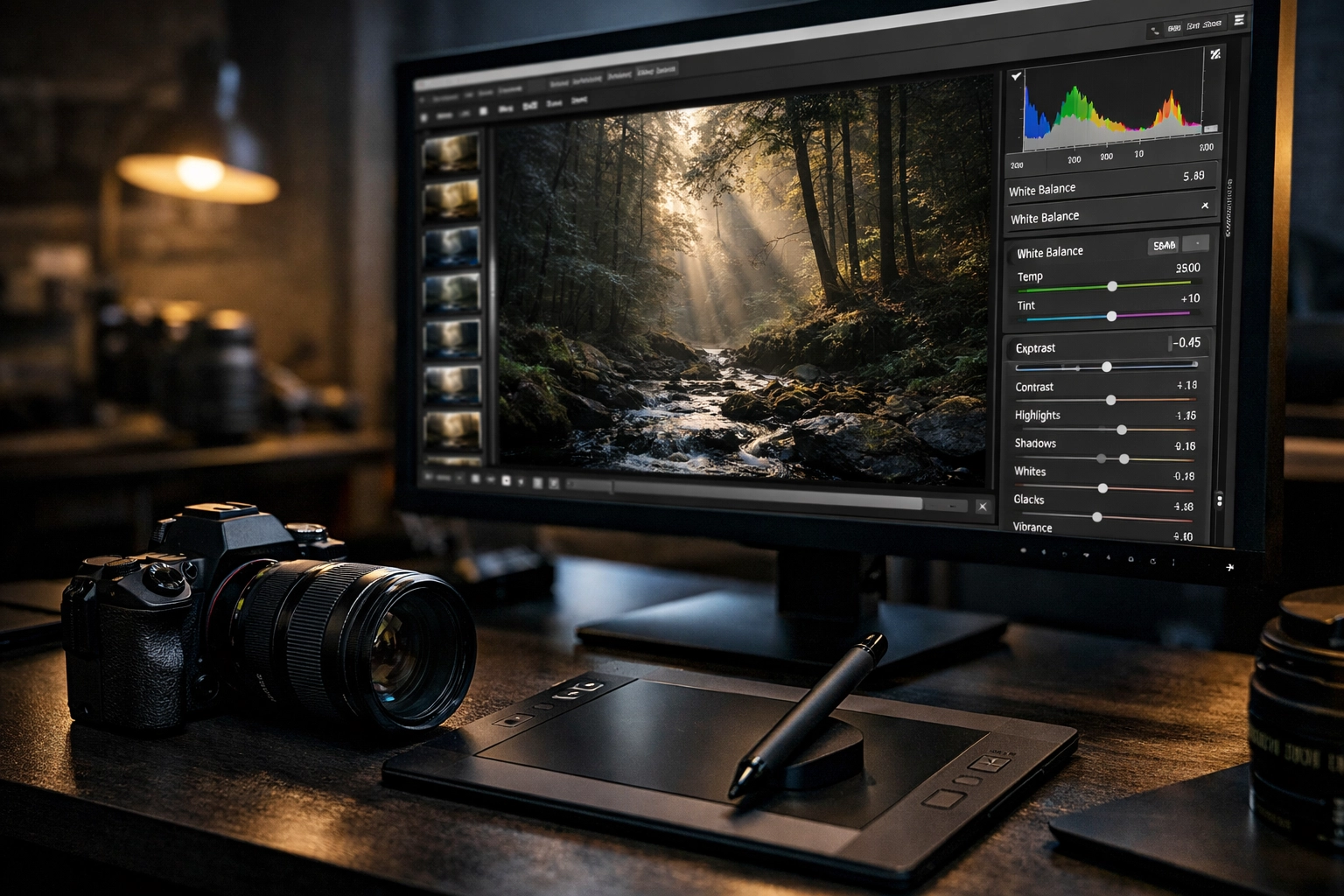 Professional photographer using photo editing secrets for color correction on a RAW forest image.