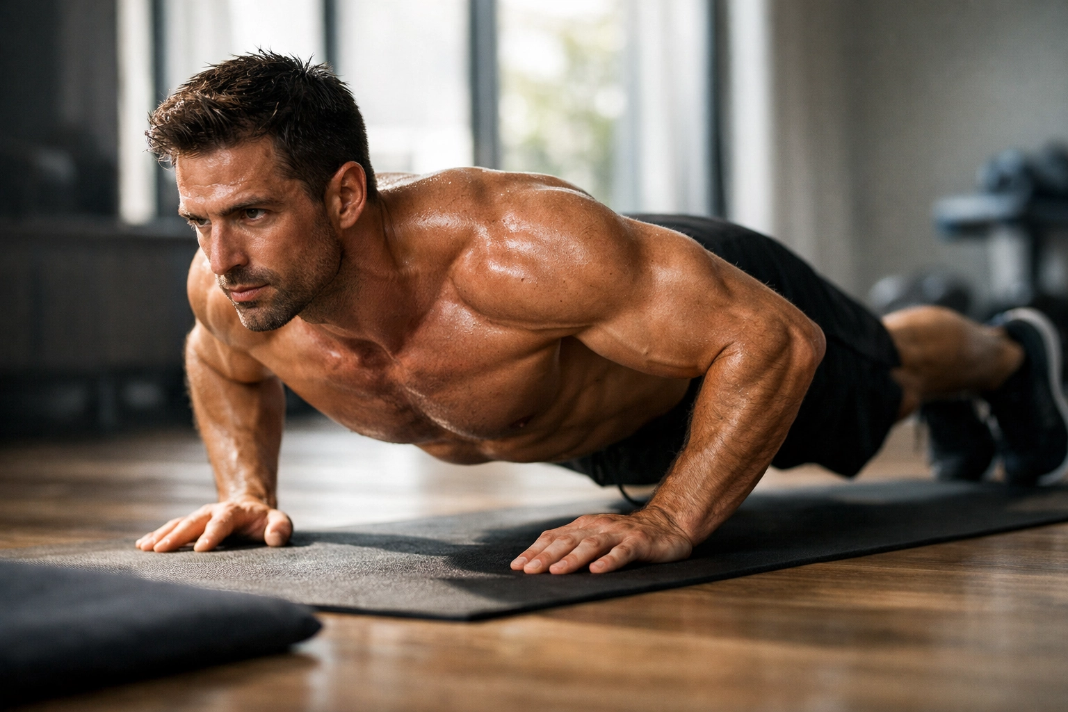 Athlete performing perfect form push-up on yoga mat in home gym
