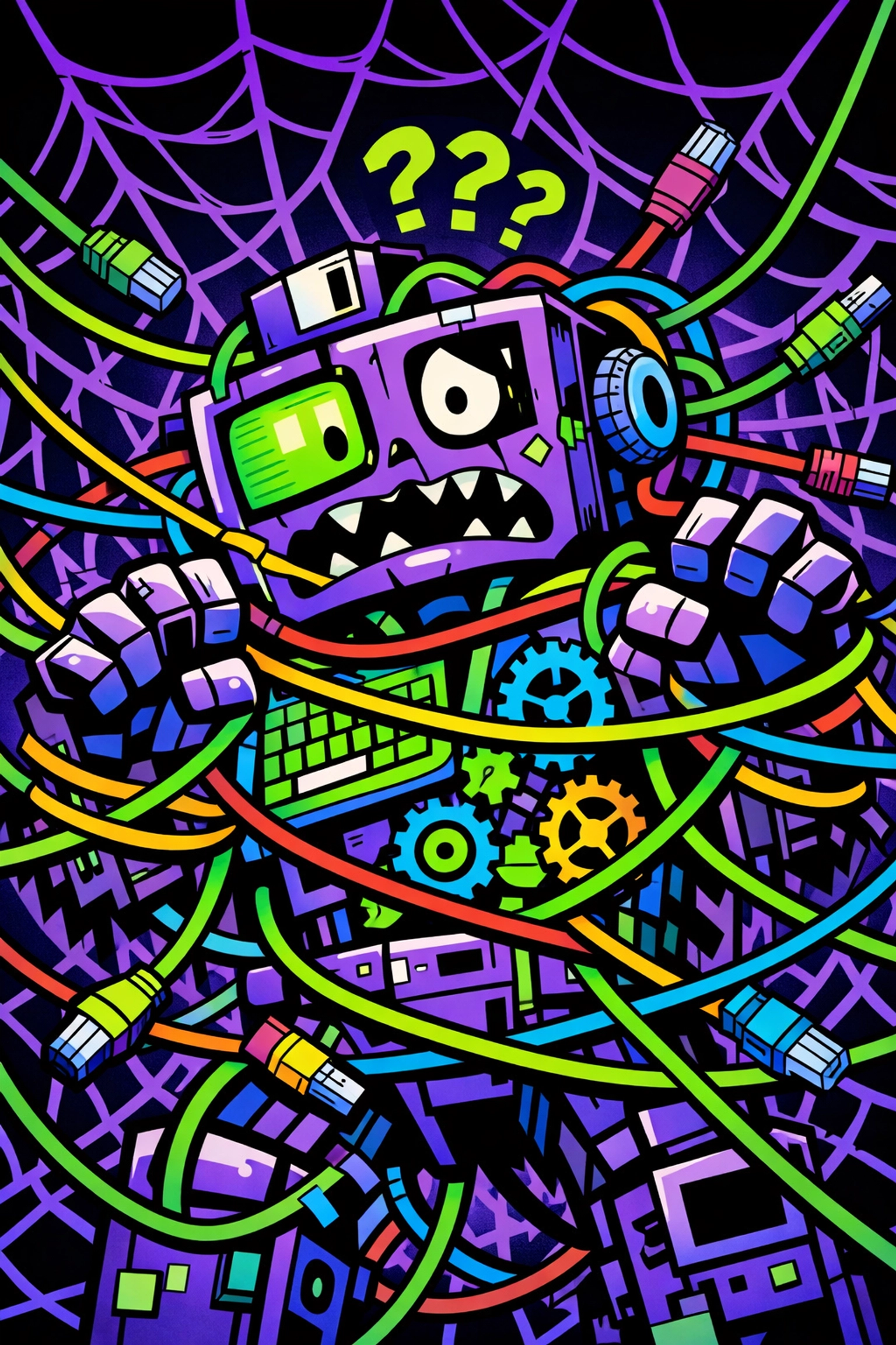 A messy software monster made of tech parts, showing the risk of tool overload in small business automation.