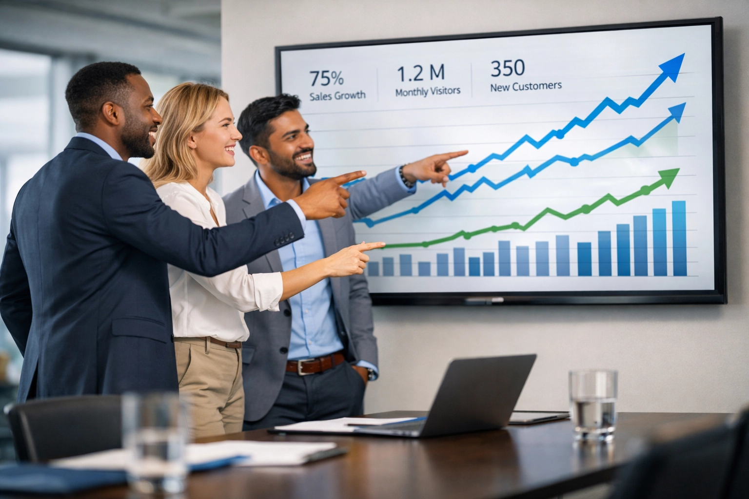 Business team reviewing ITOM performance KPIs and ServiceNow consulting service results.