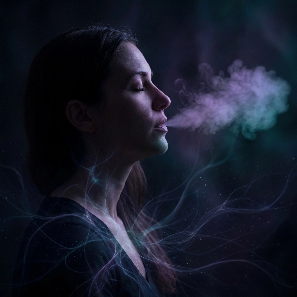 A woman practicing breathwork with visible energy flow, illustrating somatic healing and releasing generational trauma for subconscious transformation.