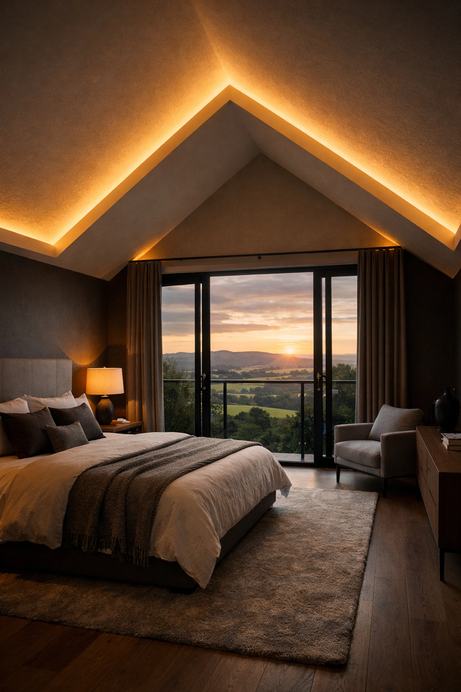 Luxury master bedroom suite with vaulted ceiling in a converted West Sussex bungalow.
