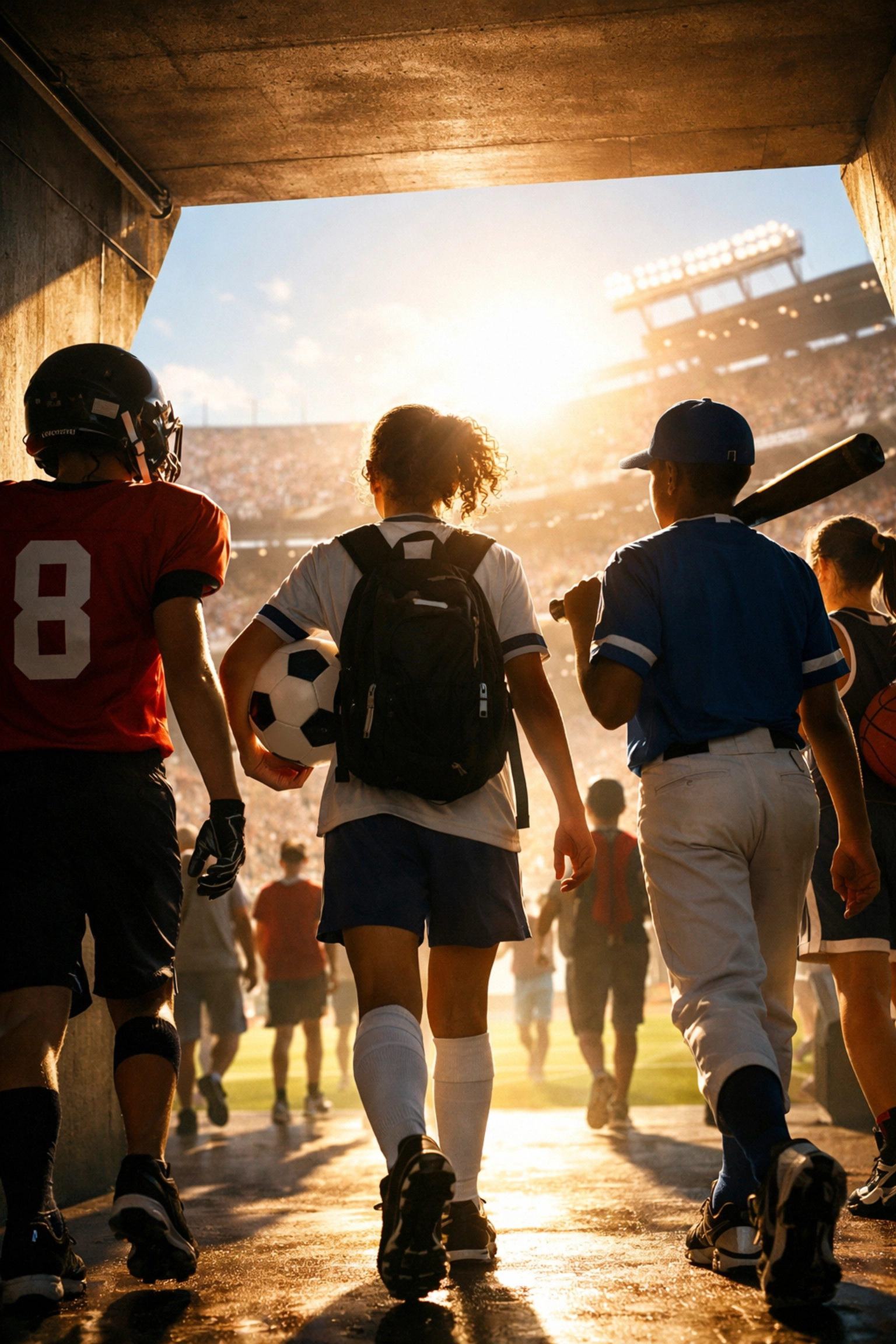 Diverse youth athletes walking onto a sunny field through a stadium tunnel for high-performance sports.