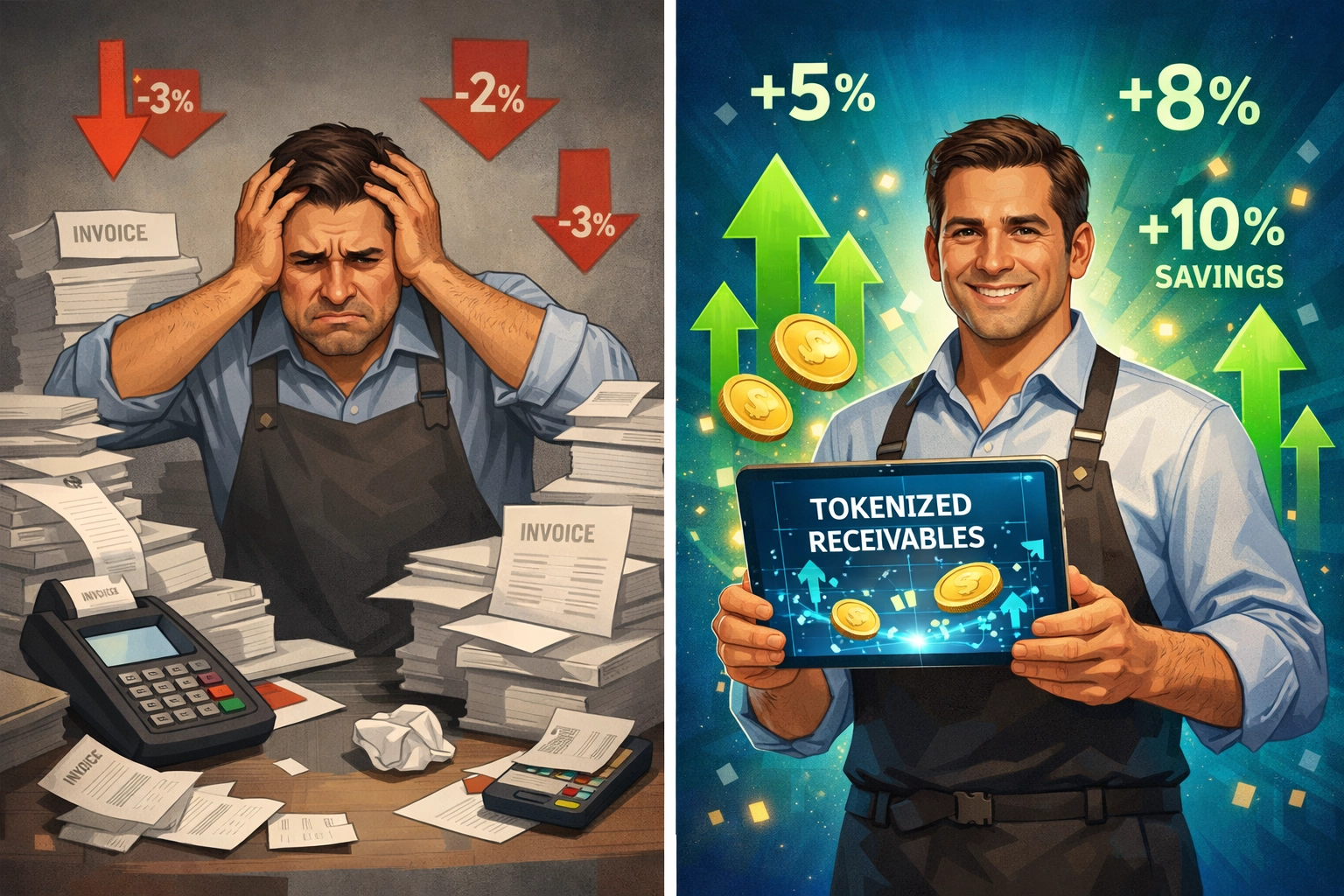 Merchant comparing high traditional payment fees versus low tokenized receivables costs