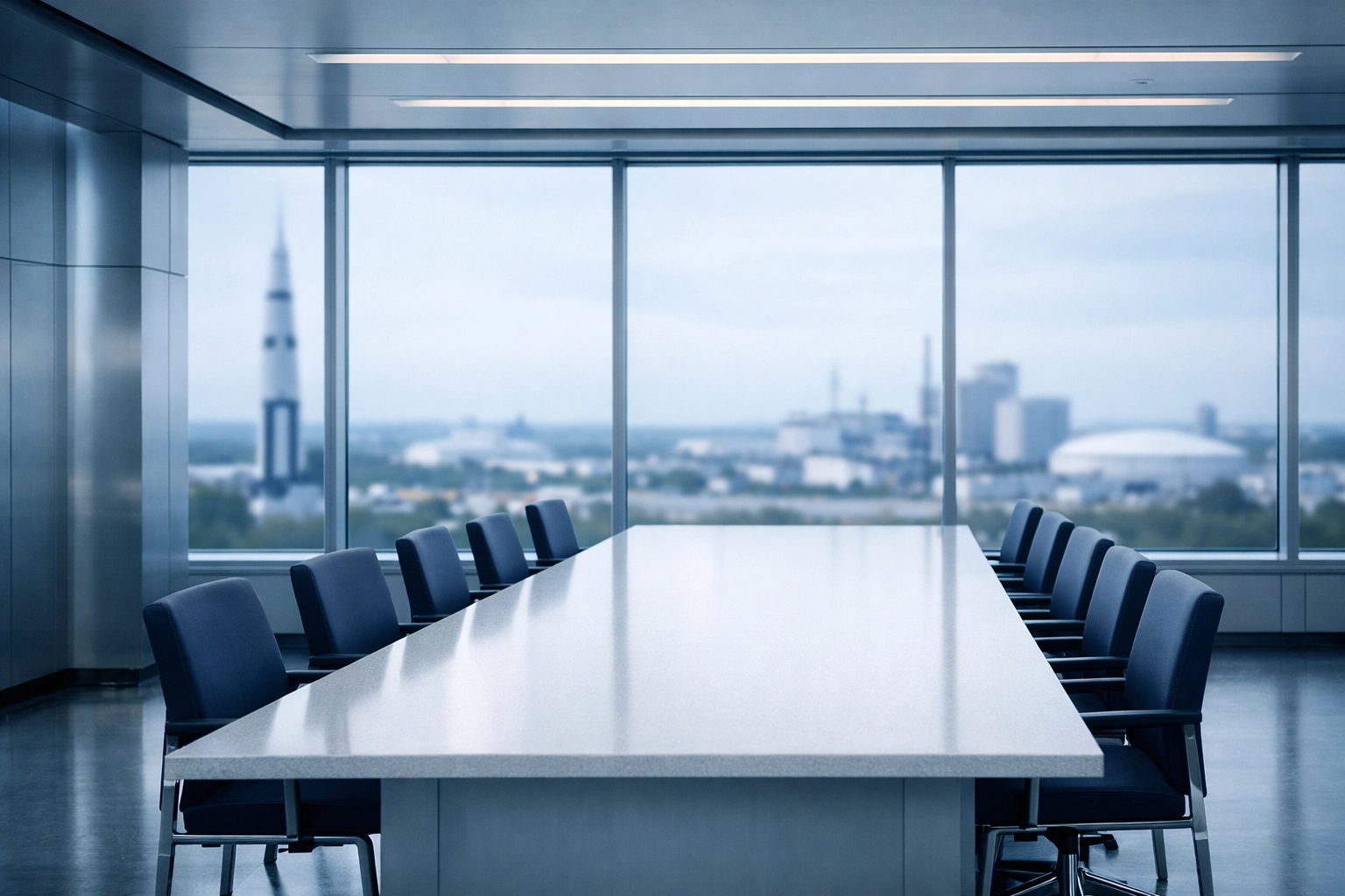 Modern Huntsville conference room overlooking Alabama industrial landscape for business transactions.