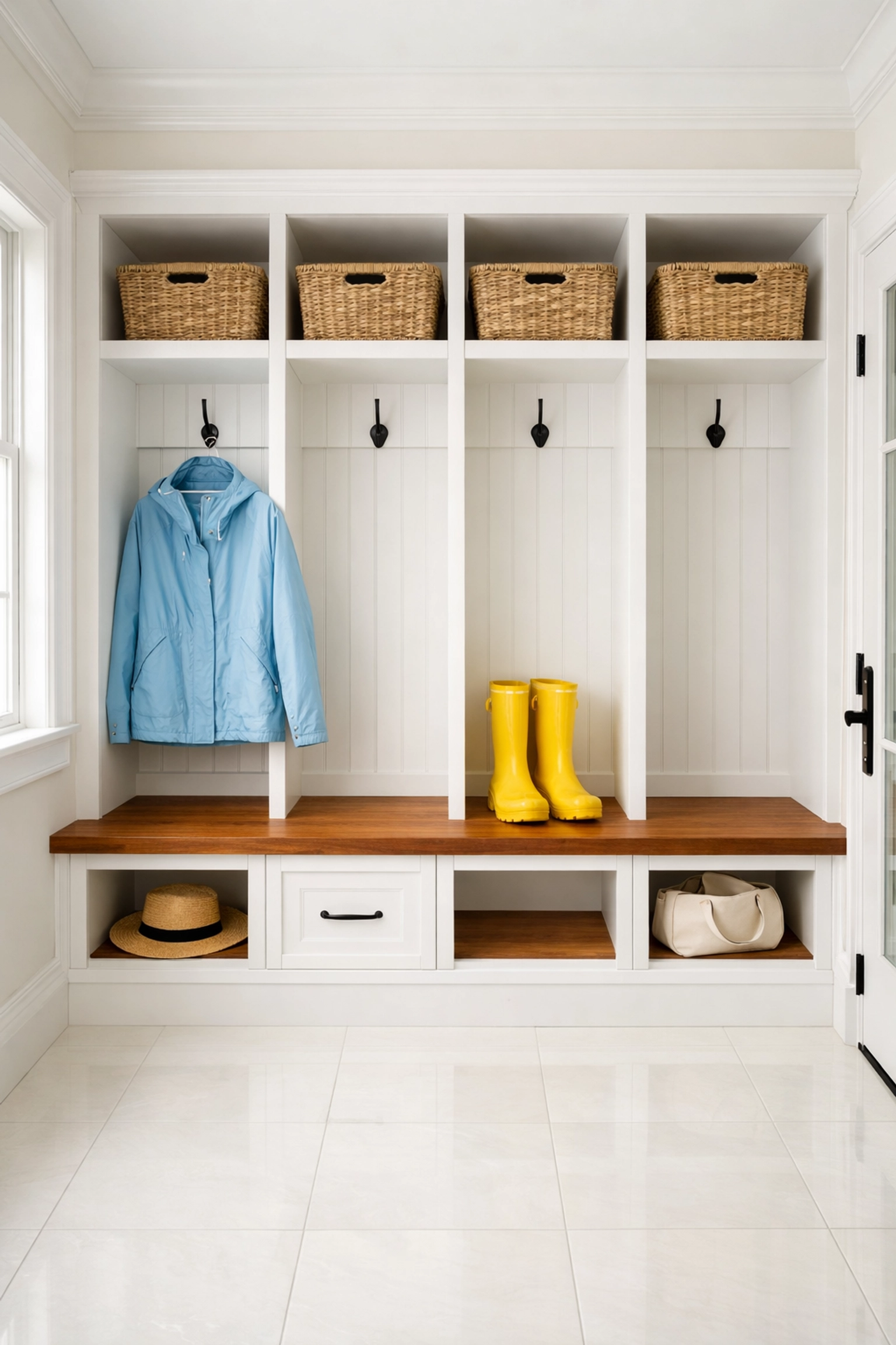 Organized Newton mudroom with yellow boots after an Apartment Cleaning Massachusetts session.