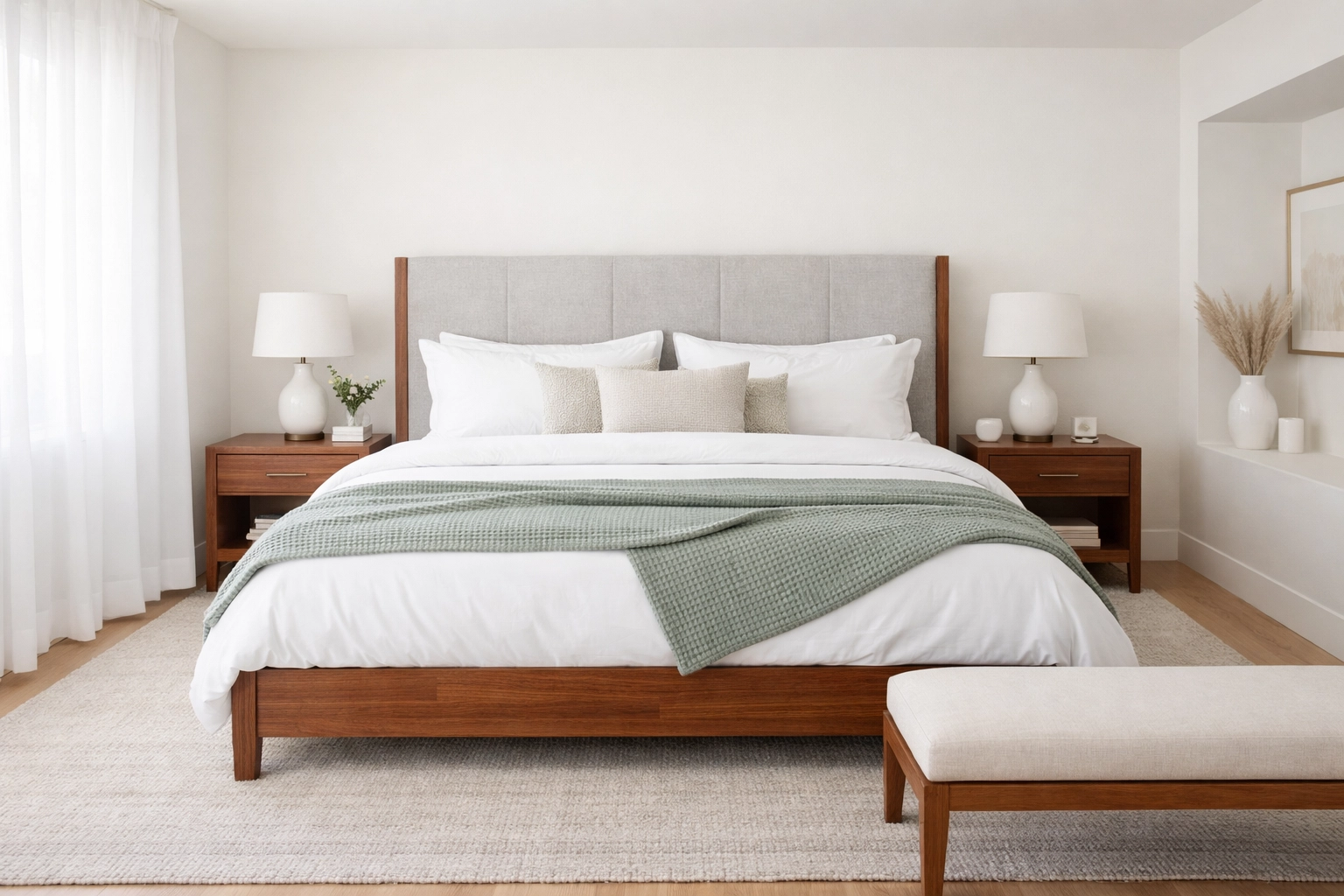 King size mid-century walnut bed with tall upholstered headboard in a master suite.