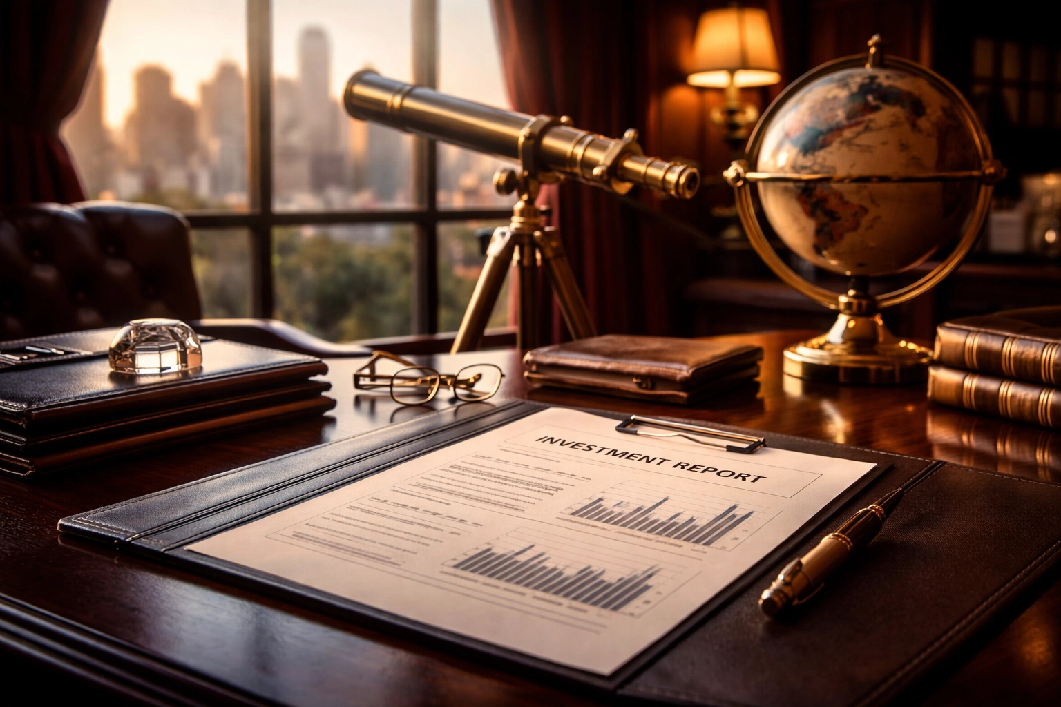 Exclusive investment documents and city view in a private club setting, representing institutional access for accredited investors.