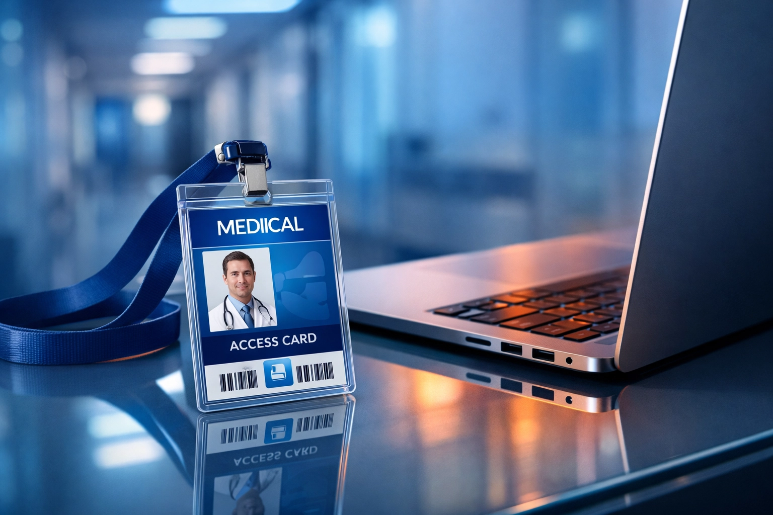 Medical office laptop and security badge used for HIPAA employee access level tracking and incident investigation.