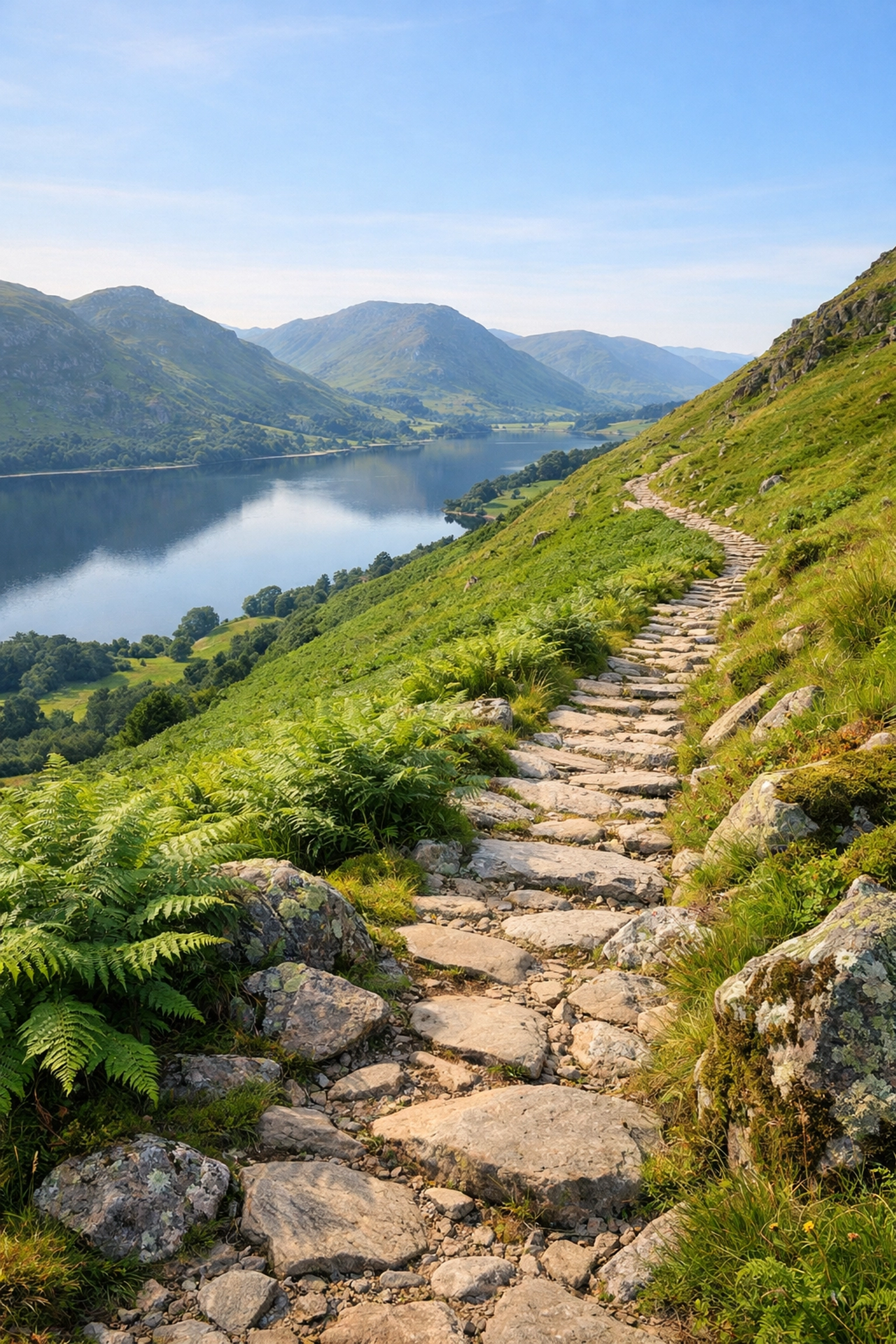 A stone hiking trail winding up a lush green hillside overlooking a calm lake in the Lake District.