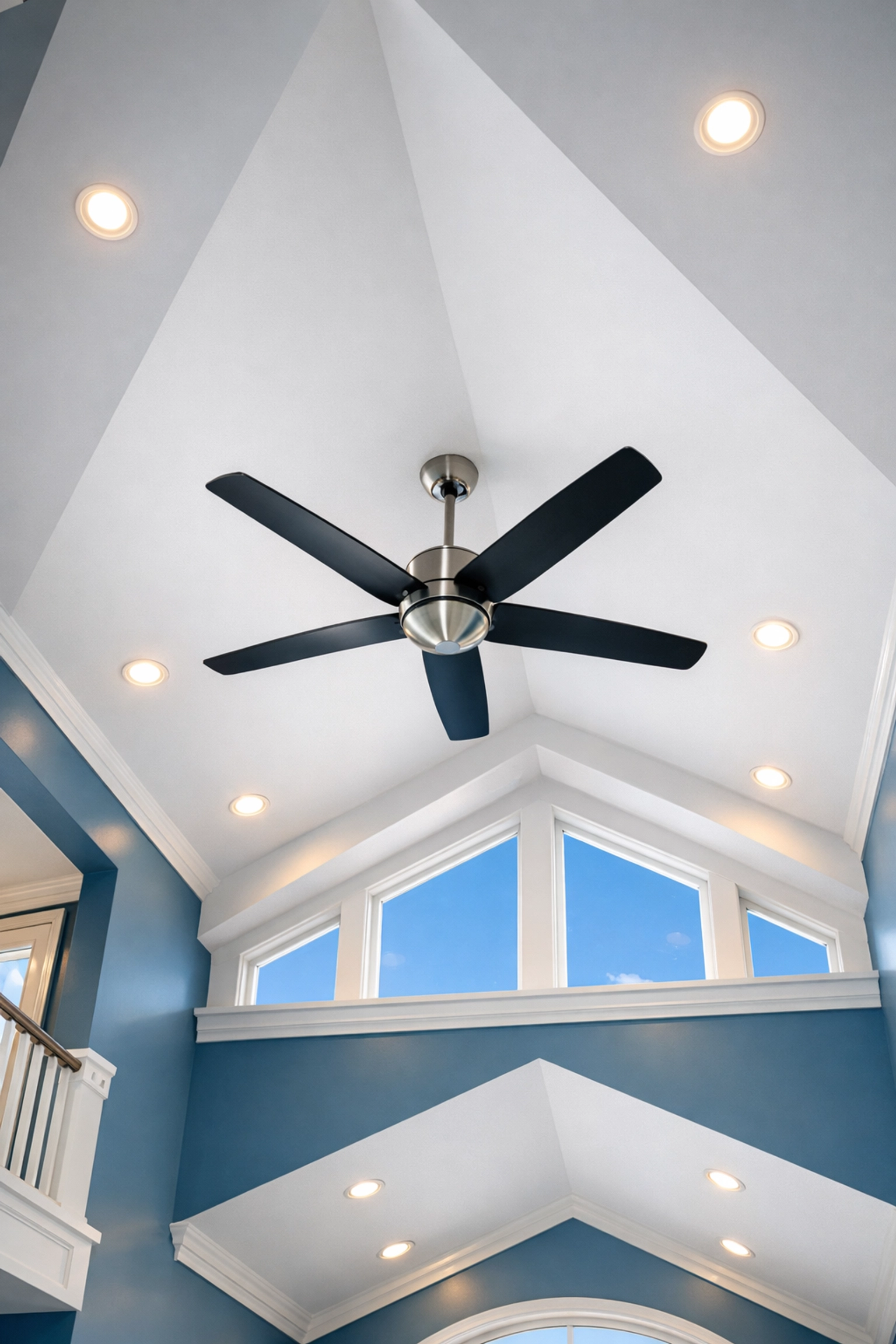 Dust-free vaulted ceiling and fan in a Townsend house following a professional deep cleaning vertical strike.