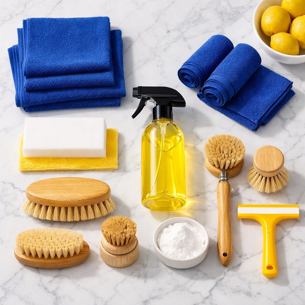 Professional move-out cleaning supplies and microfiber cloths arranged on a kitchen island.