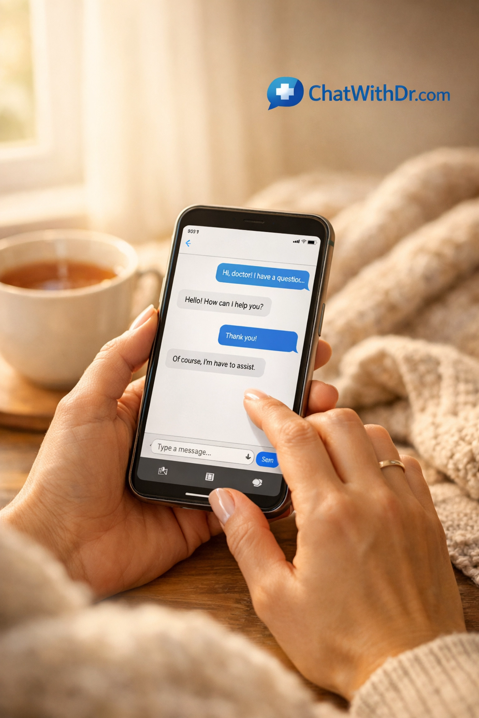 Woman texting doctor from home for discreet online UTI treatment consultation