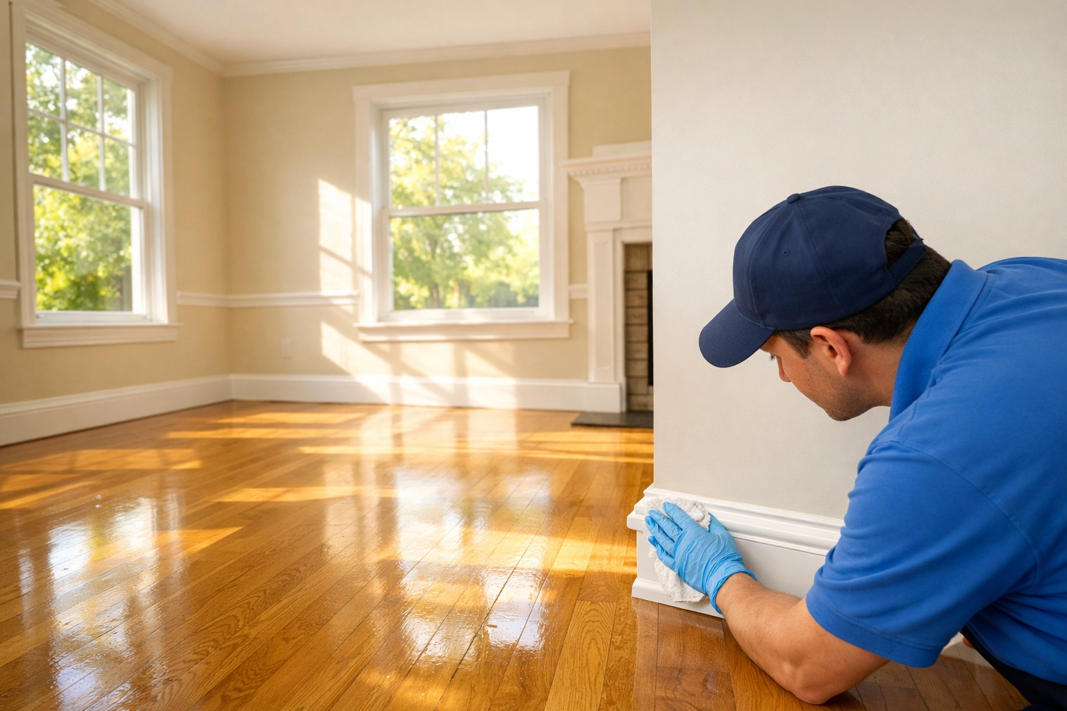 Professional cleaner detailing baseboards in a sun-drenched Massachusetts living room before the moving truck arrives.