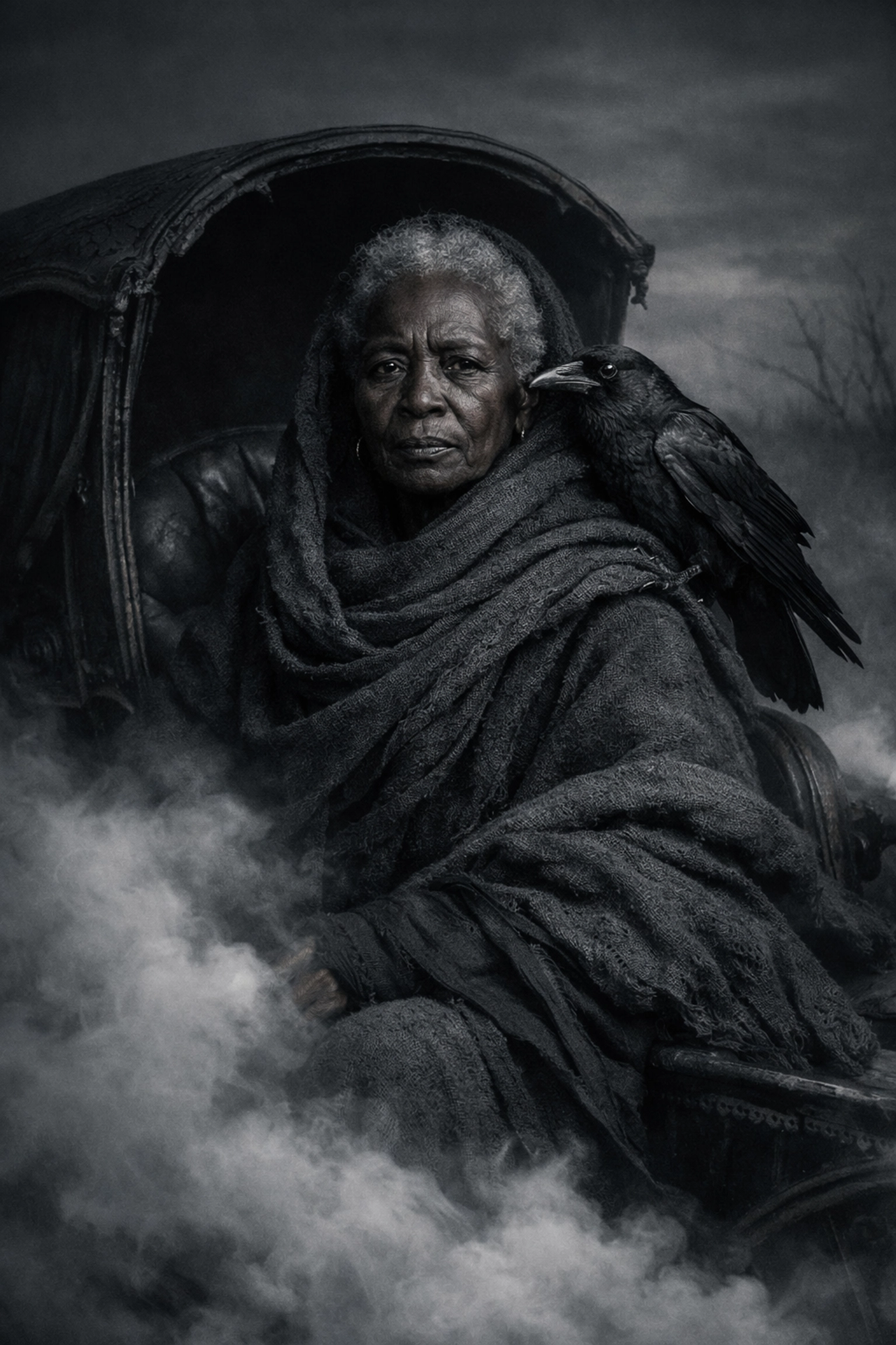 Elder African woman as Dhumavati amidst smoke and a crow, symbolizing spiritual stillness and the void.