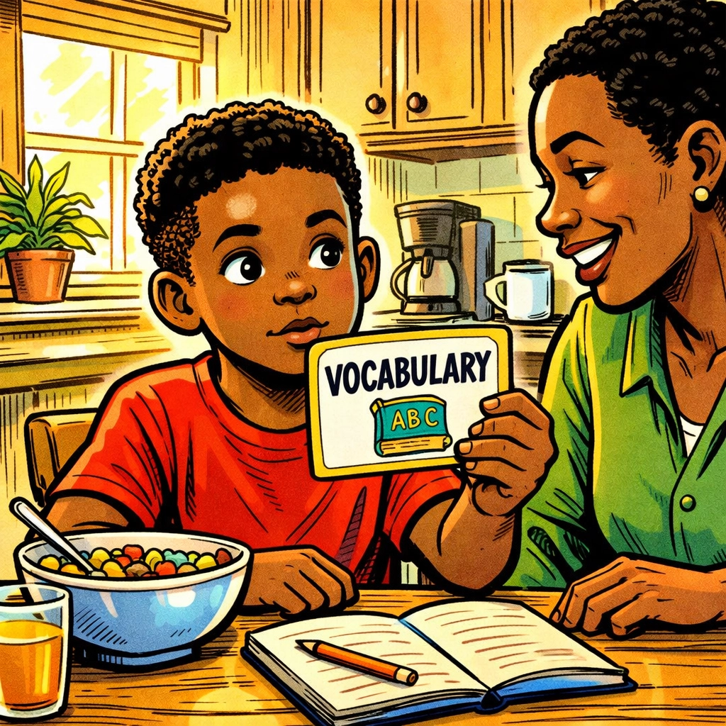 Young boy practicing daily vocabulary with flashcard at breakfast table with supportive parent