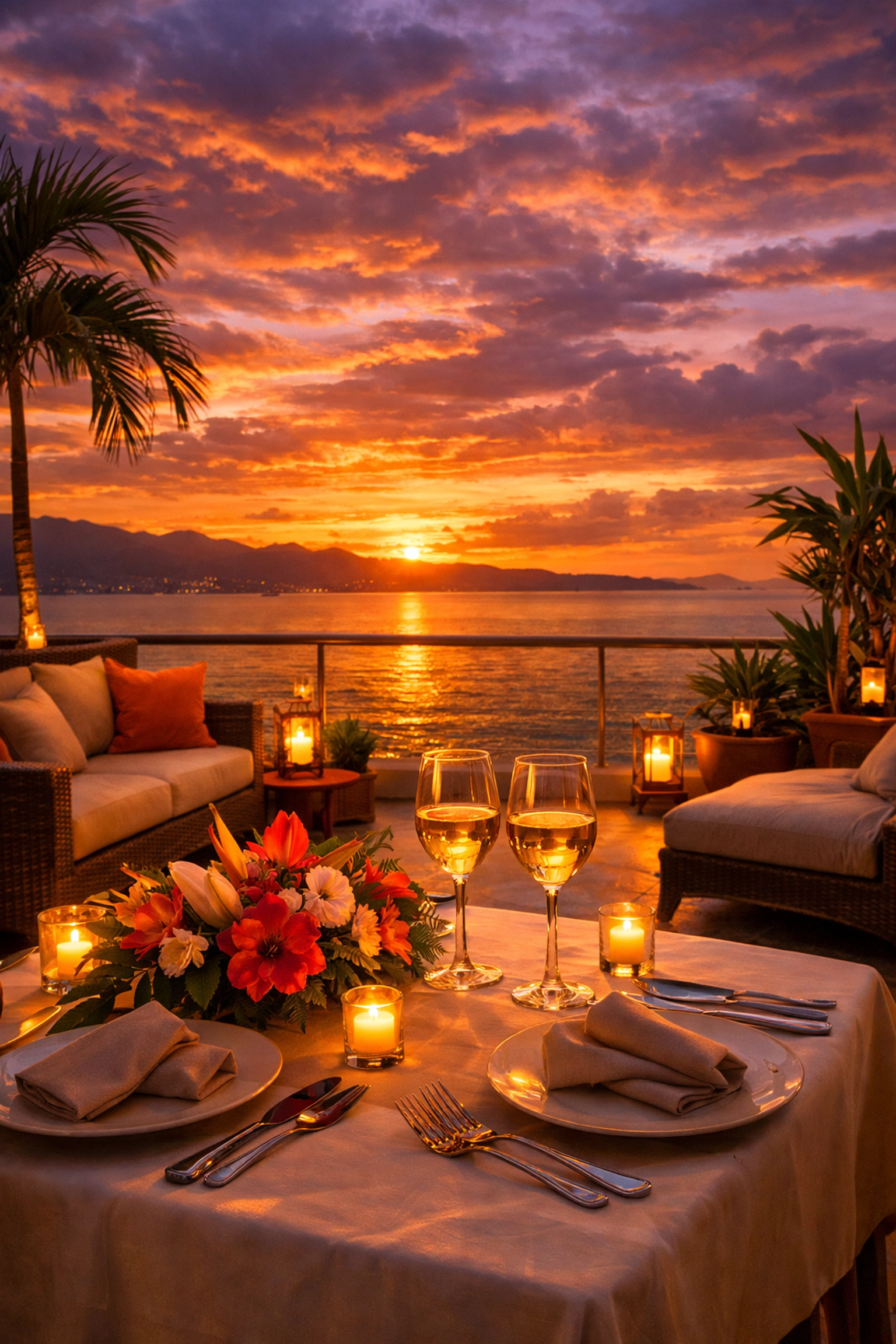 Private terrace romantic dinner setup with ocean views at Amapas condo rental Puerto Vallarta