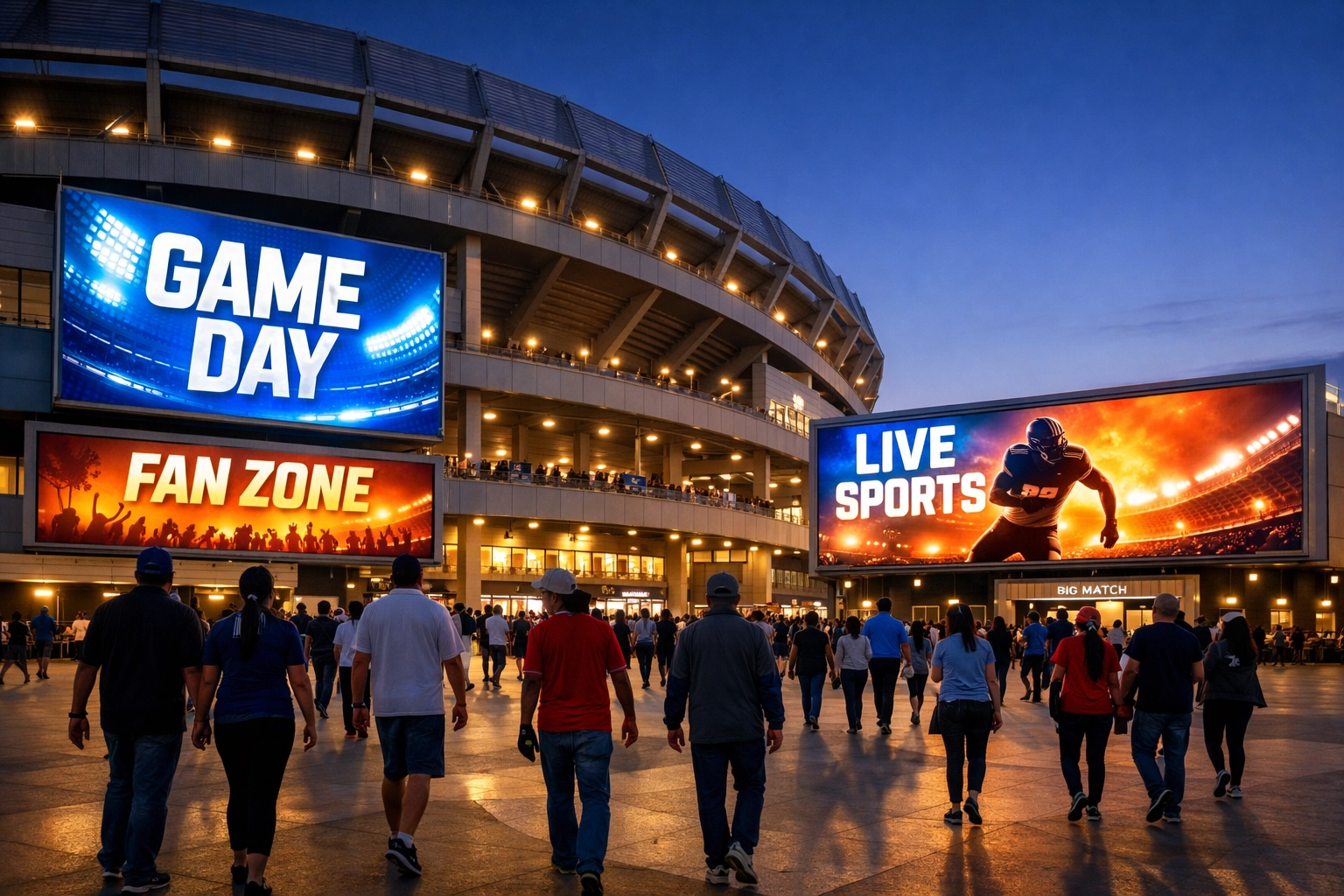 Fans approaching modern sports stadium surrounded by digital DOOH advertising screens at dusk