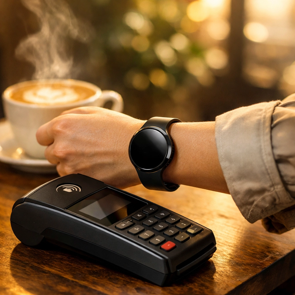 Paying with a smartwatch terminal, reflecting the latest technology news in wearable UPI devices.