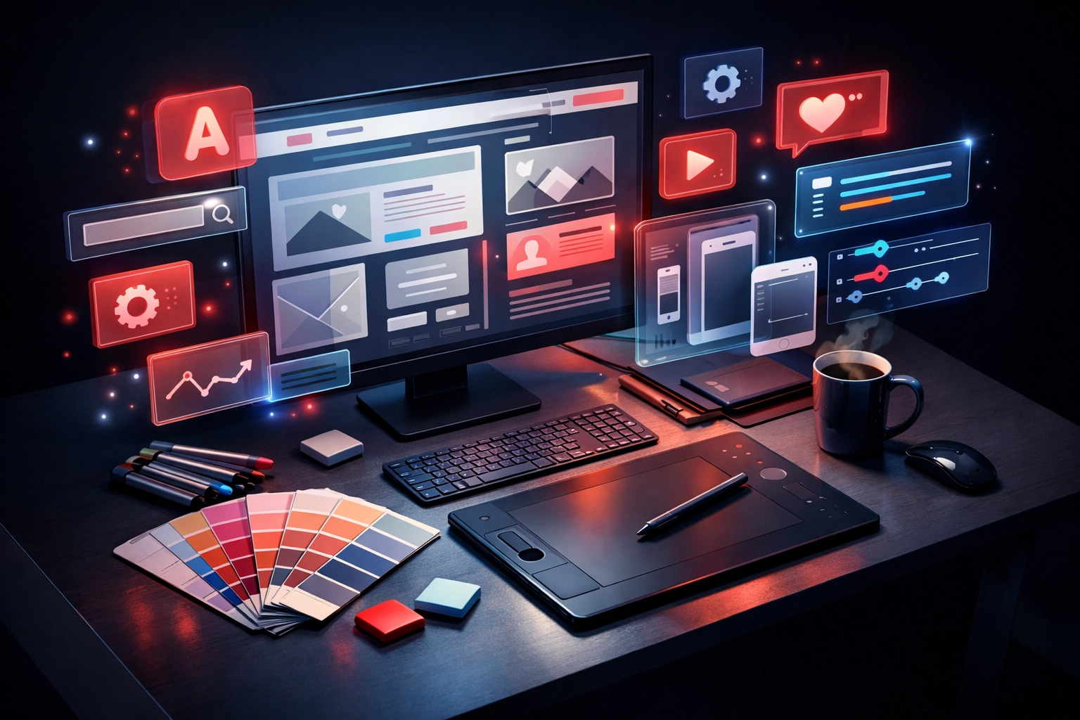 Professional web designer workspace creating business website with mockups and design tools