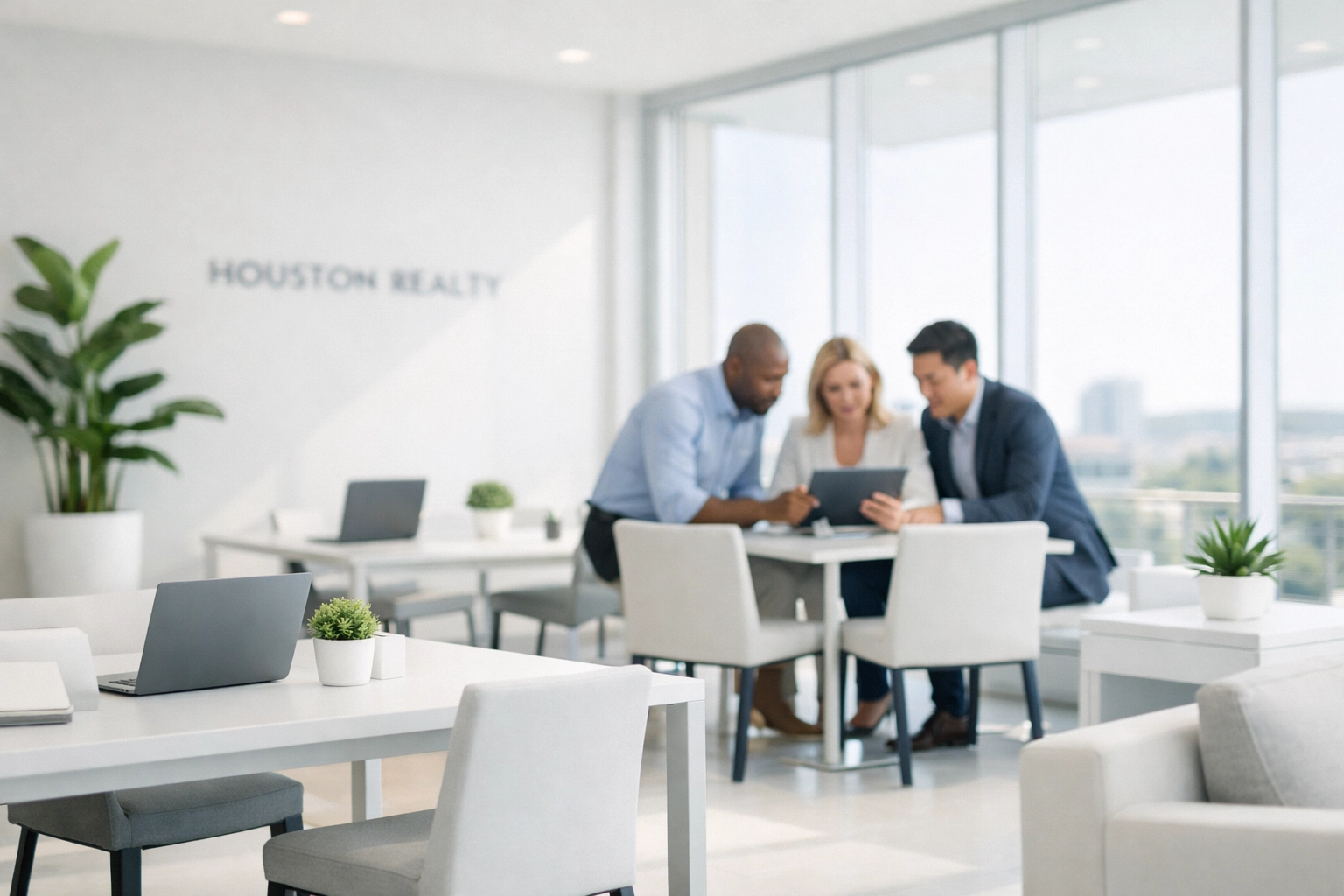 A team of realtors in Houston area collaborating in a bright, modern real estate office.