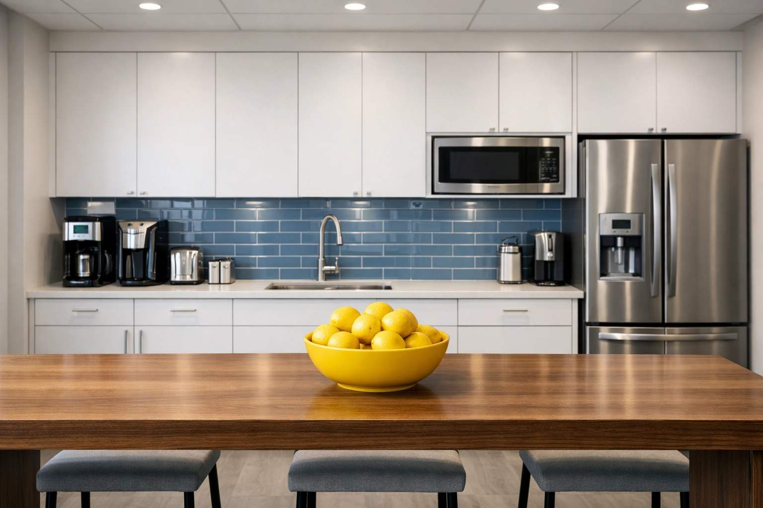A spotless modern office breakroom following a deep cleaning service to remove dust and sanitize surfaces.