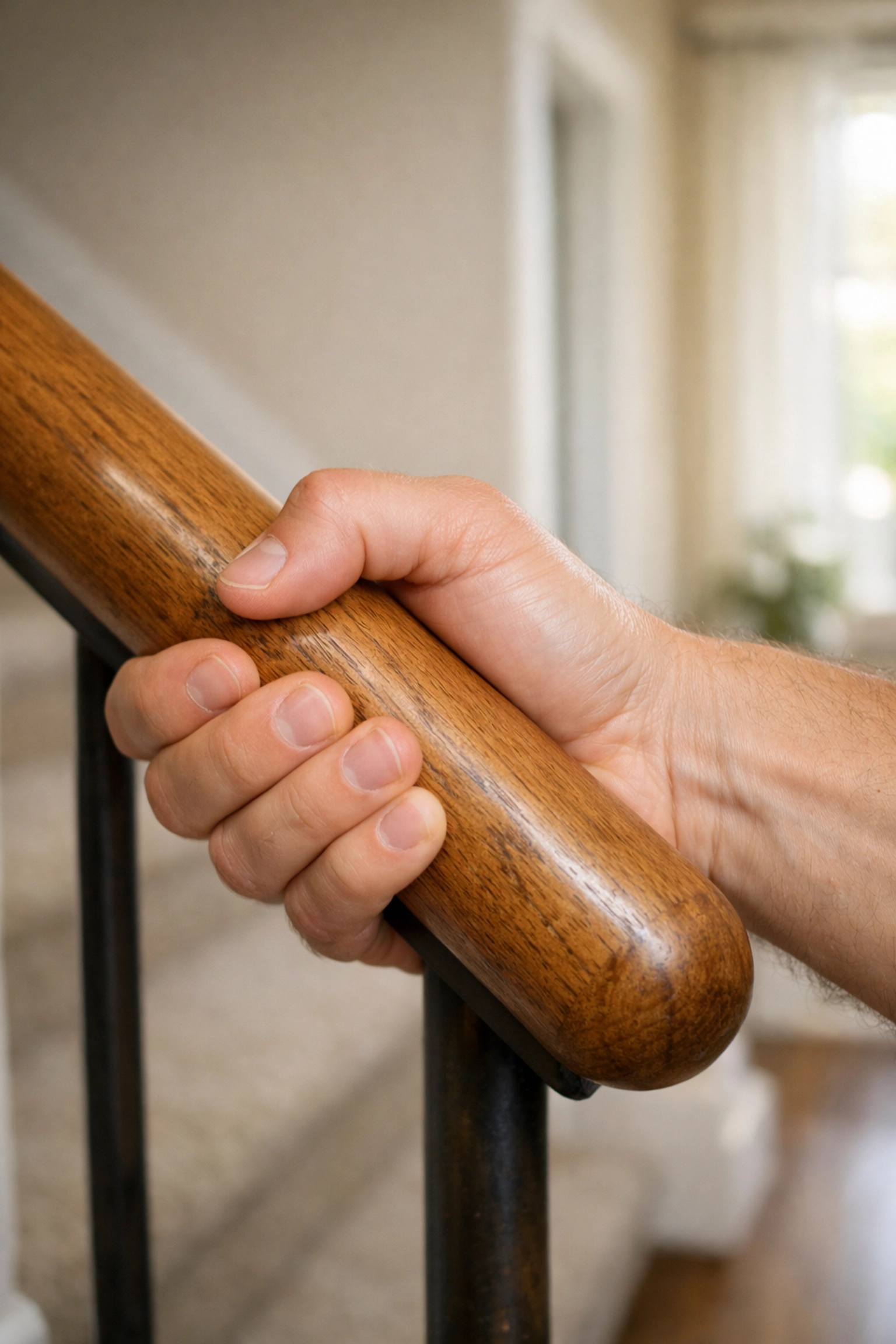 A hand using a firm power grip on a round wooden handrail for stability and stair safety.