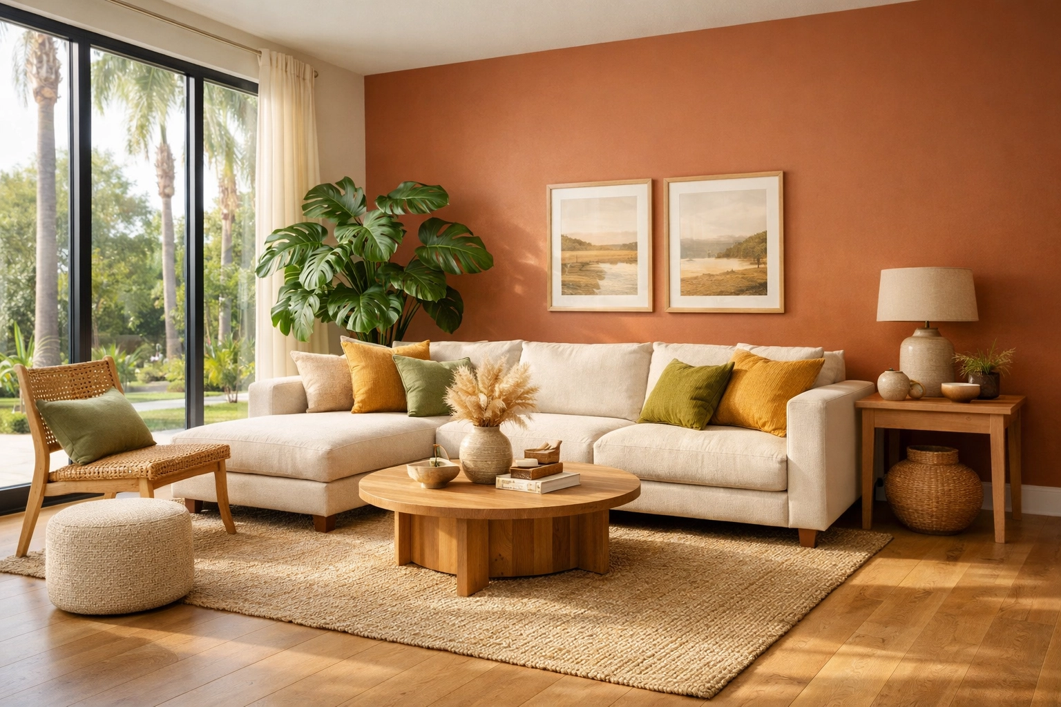 Modern living room with warm earth tones and hardwood floors, a popular home remodeling Orlando design trend.