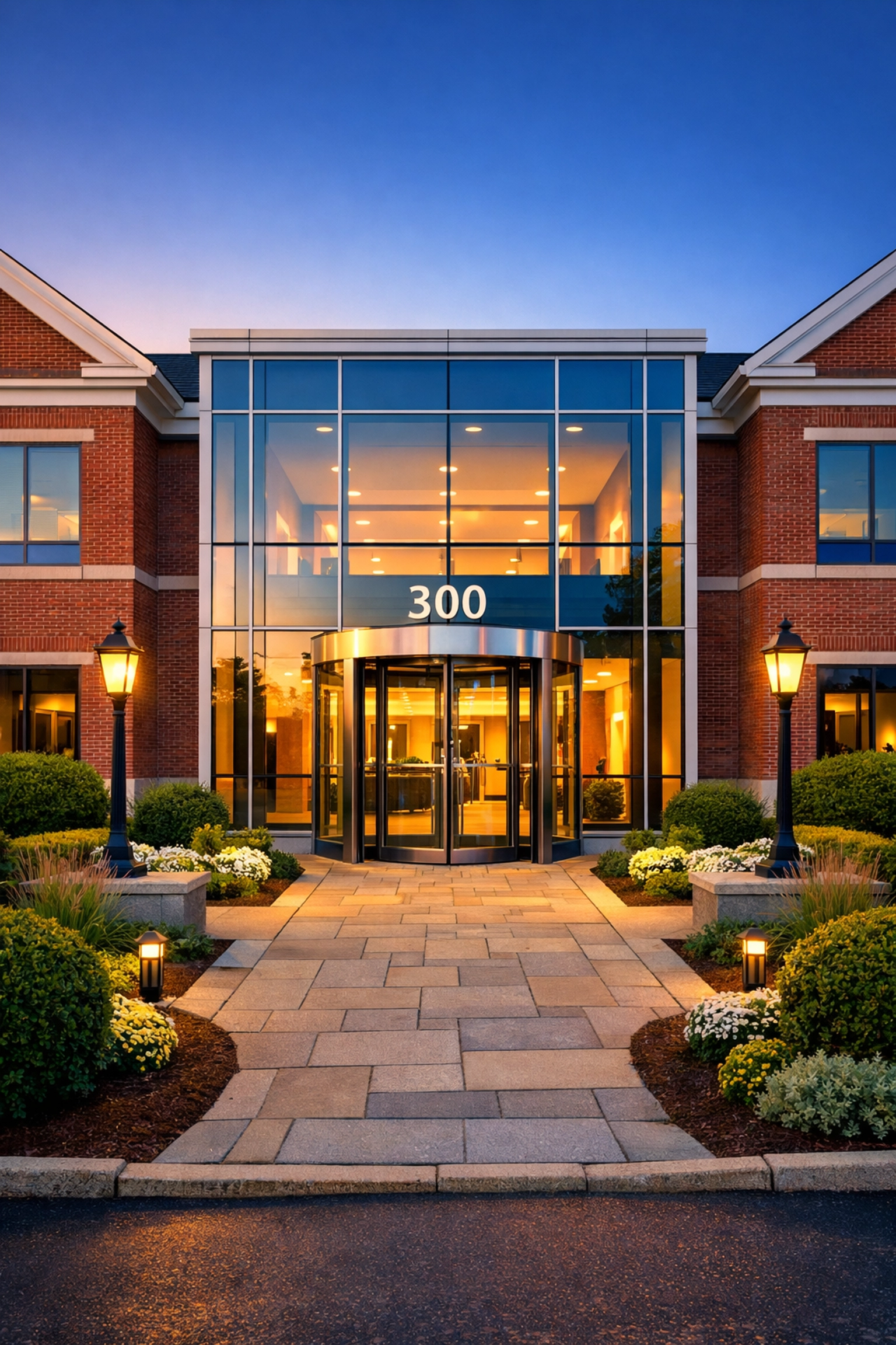 Crystal clear glass entrance of a Reading, MA office building highlighting reliable commercial cleaning.