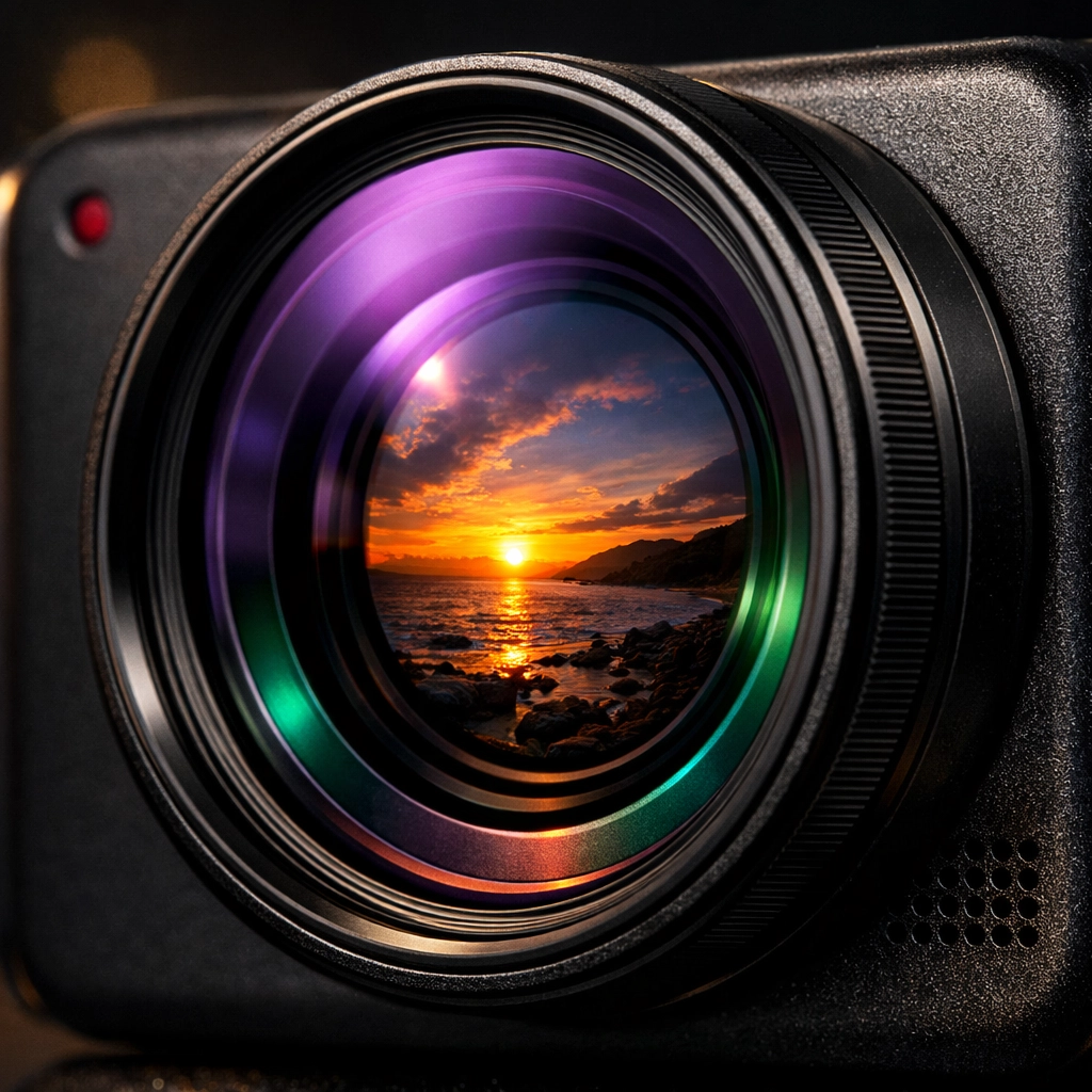 Close-up of a modern action camera lens reflecting a vibrant sunset during today's camera news update.