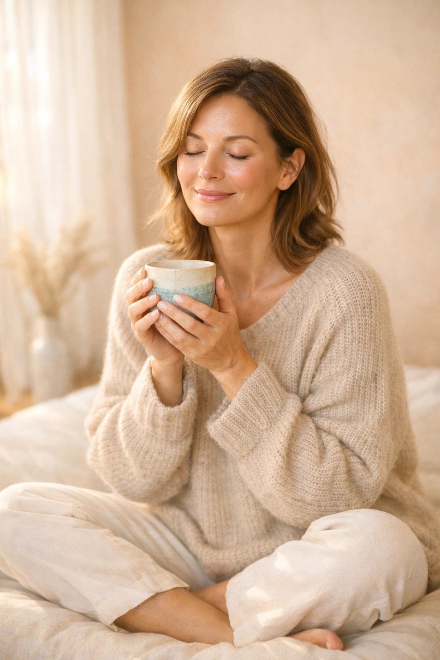 Woman enjoying Teelixir adaptogenic latte for radiant skin and wellness at home