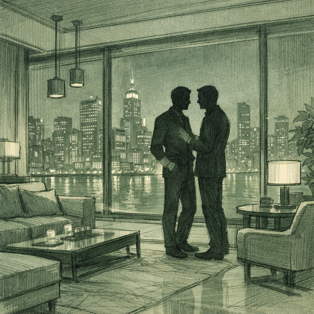 Private luxury penthouse venue for discreet MM gatherings with city skyline at night